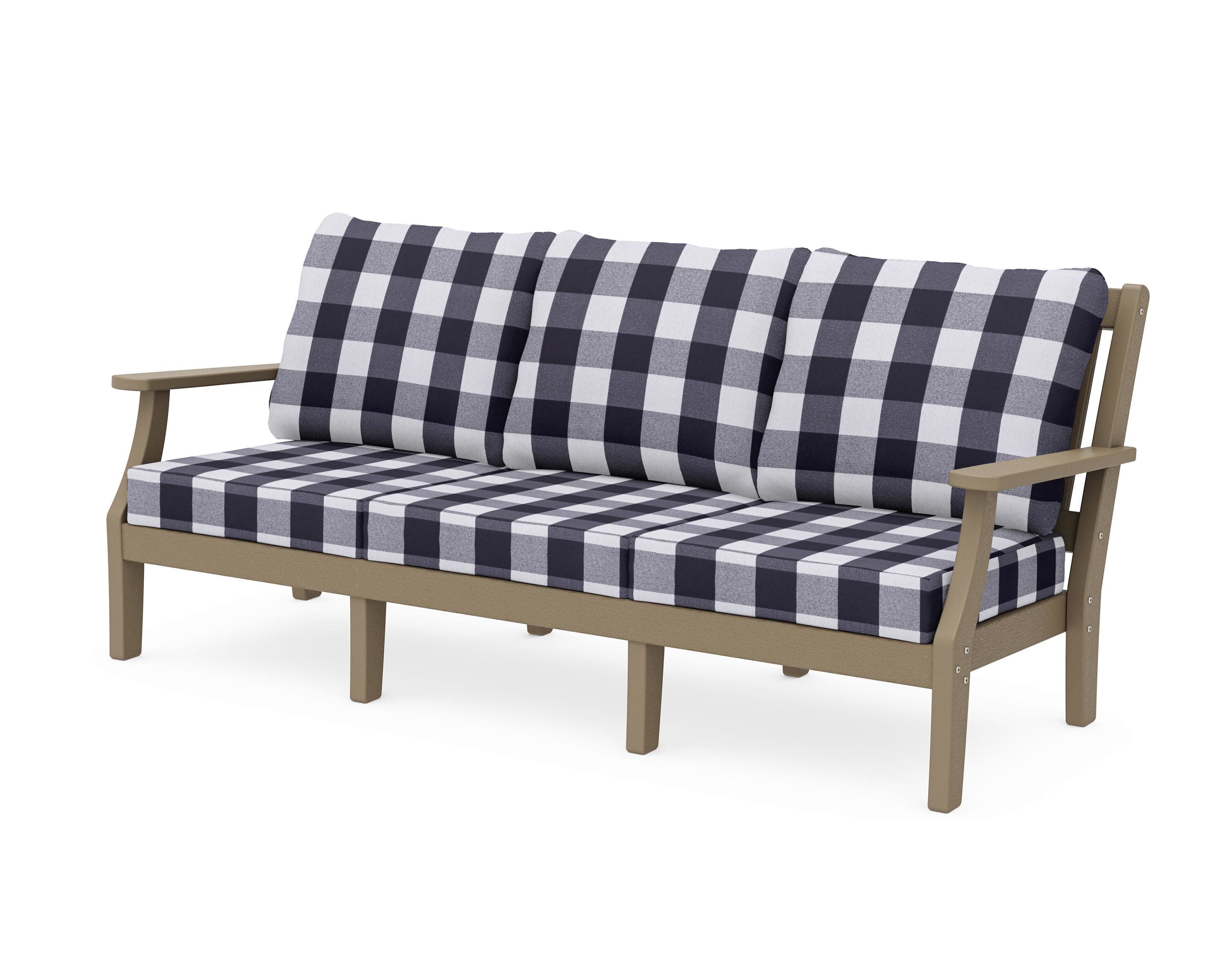 Chinoiserie Deep Seating Sofa in Vintage Sahara / Buffalo Plaid Navy