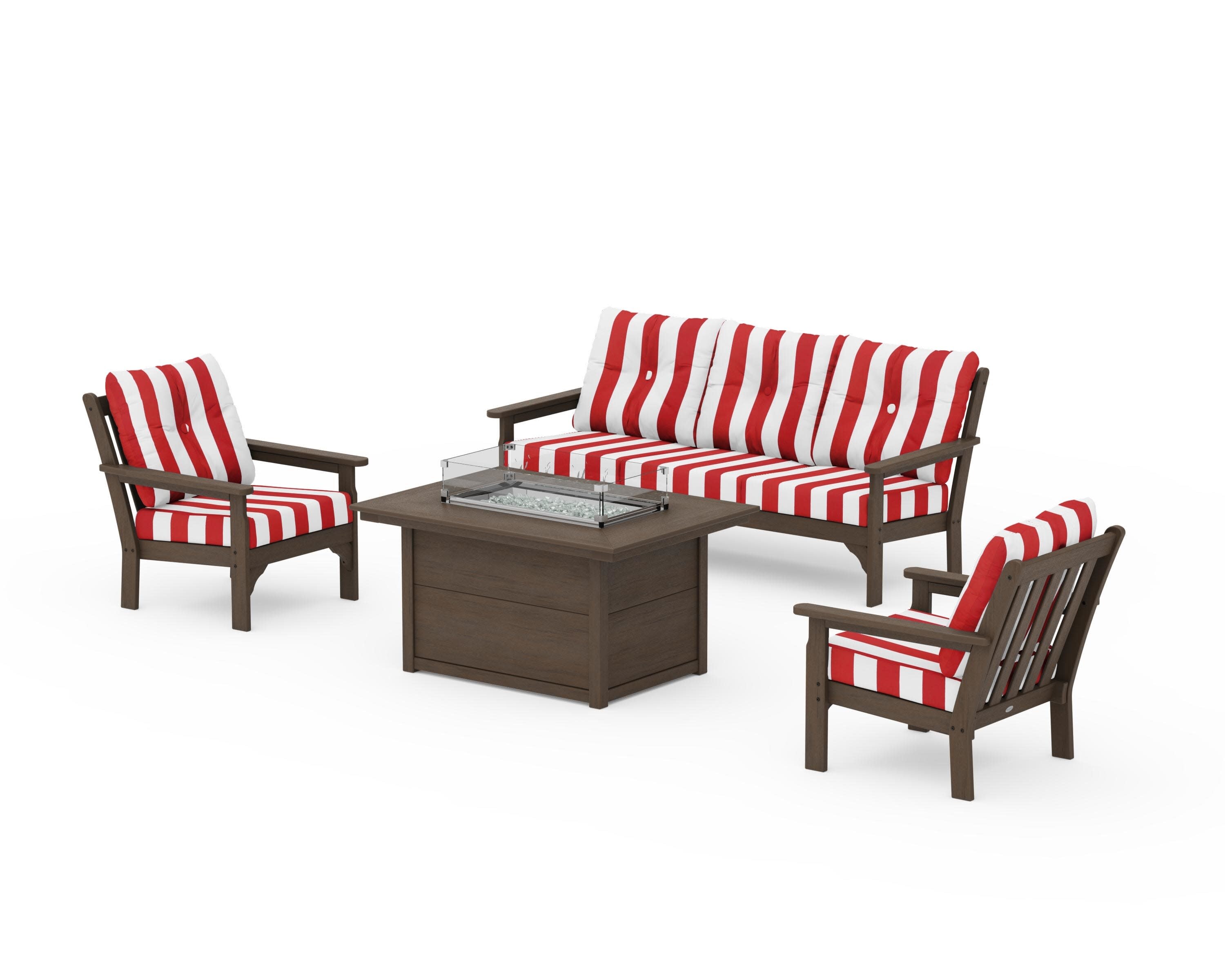 Vineyard Deep Seating Fire Pit Table Set in Kona / Cabana Stripe Crimson