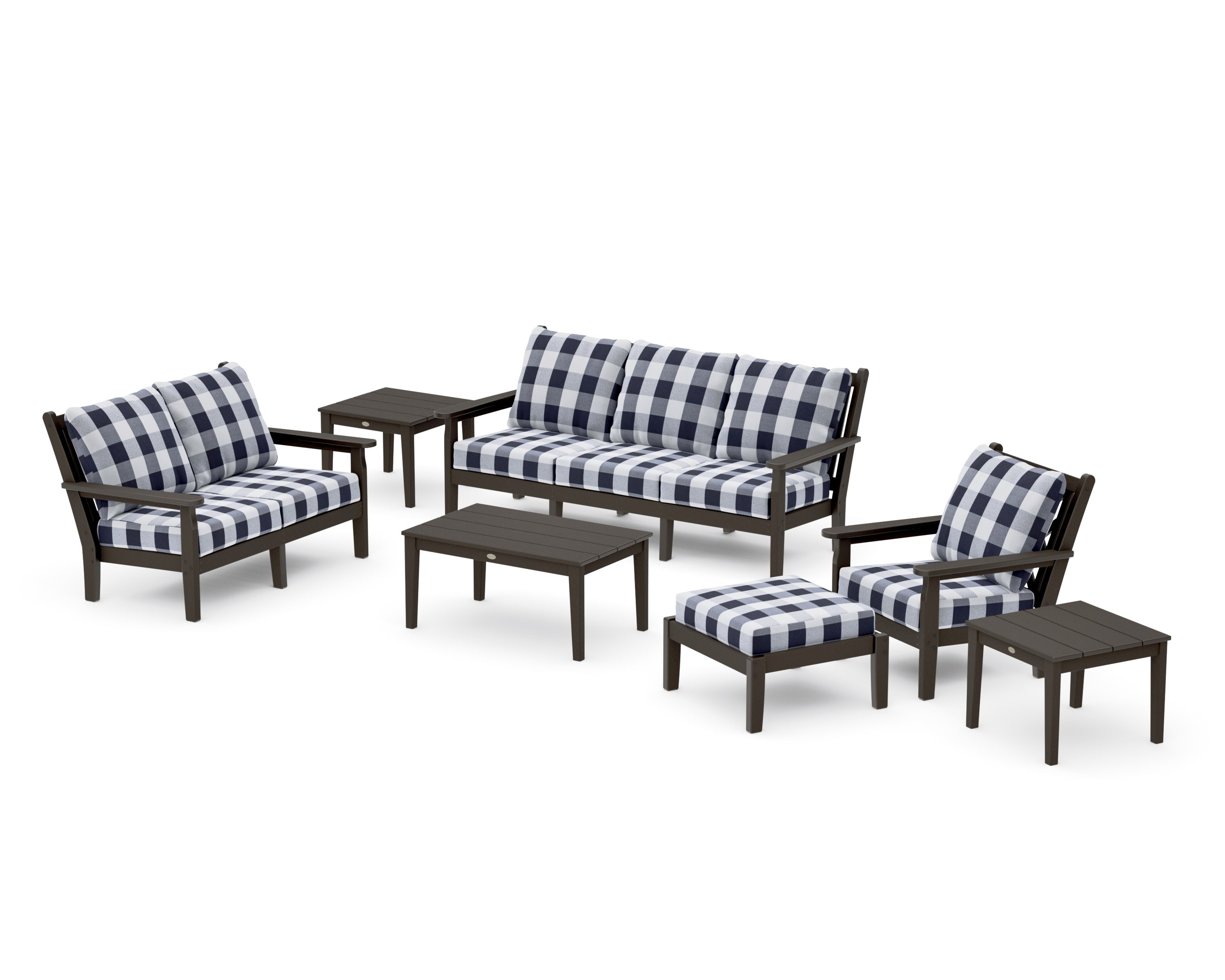 Chippendale 7-Piece Deep Seating Set in Vintage Coffee / Buffalo Plaid Navy
