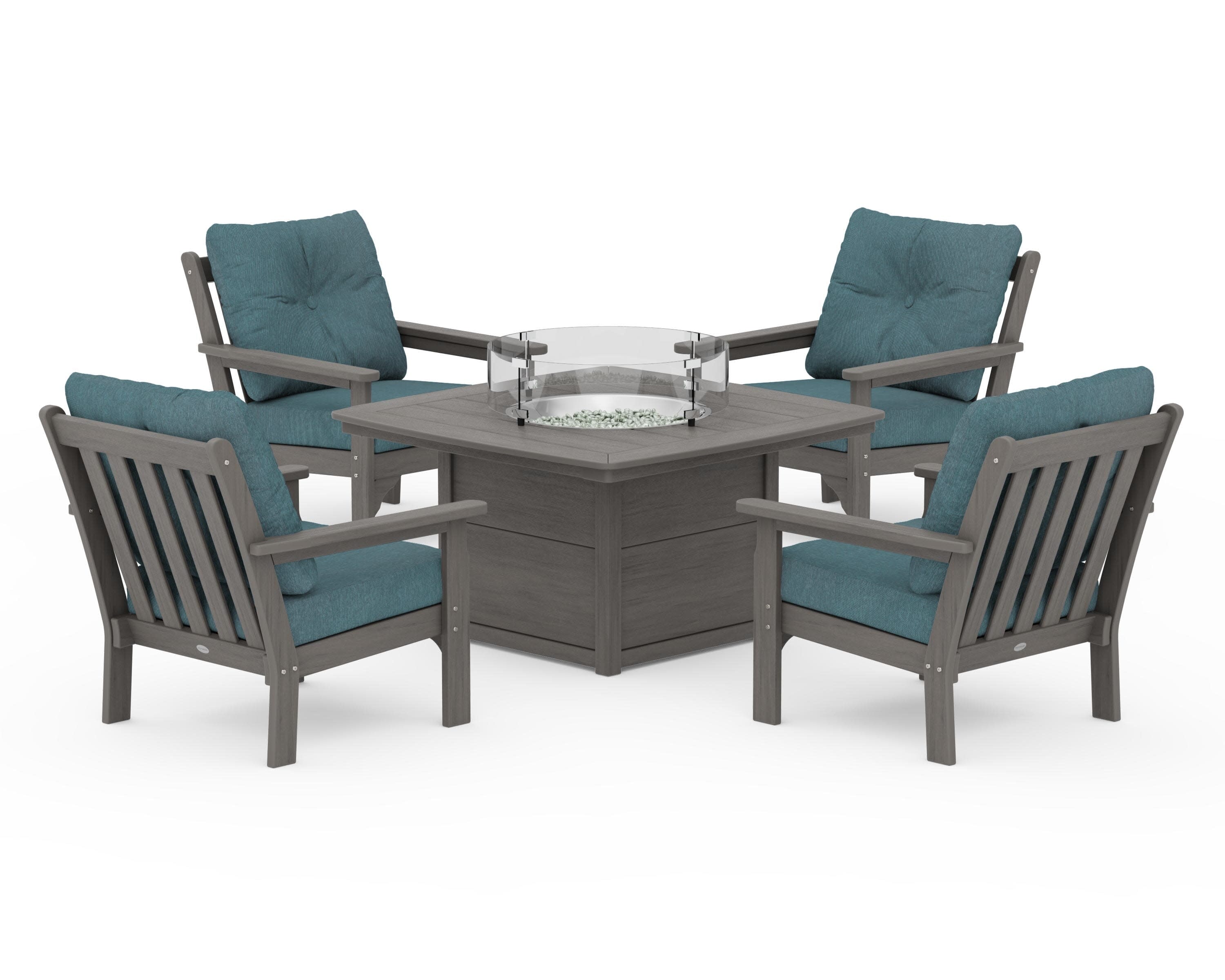 Vineyard 5-Piece Conversation Set with Fire Pit Table in Driftwood / Ocean Teal