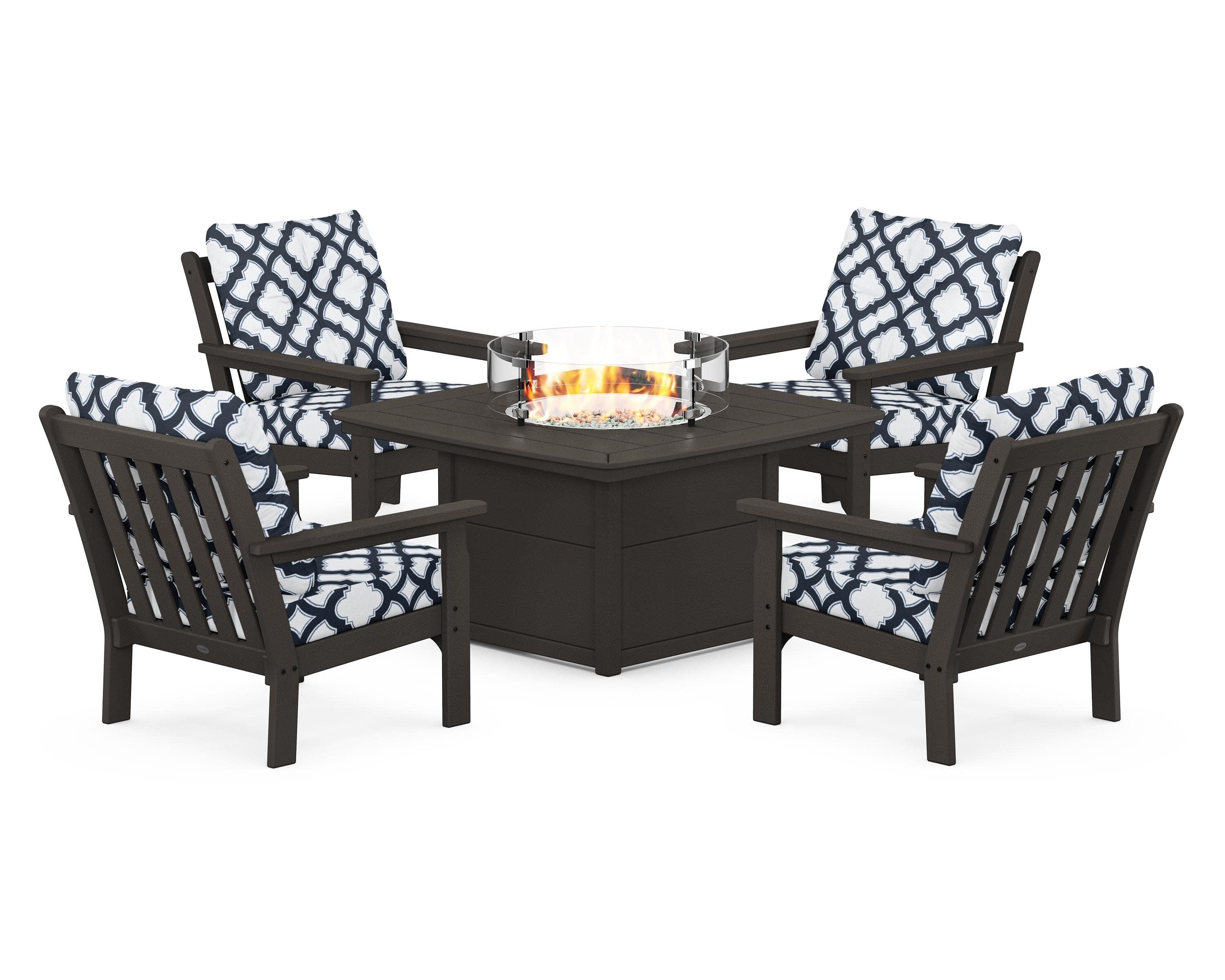 Vineyard 5-Piece Conversation Set with Fire Pit Table in Vintage Coffee / Trellis Marine Indigo