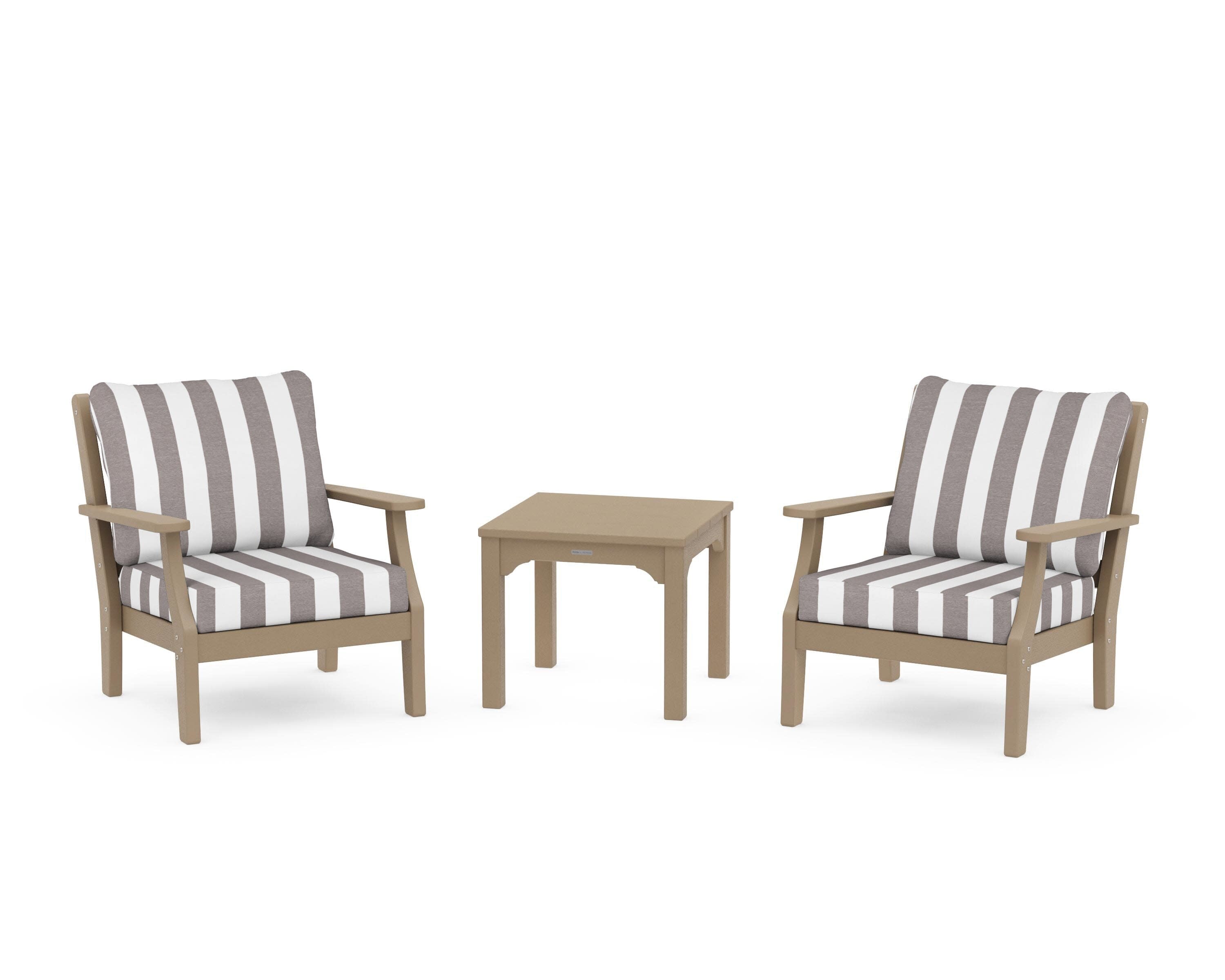 Chinoiserie 3-Piece Deep Seating Set in Vintage Sahara / Cabana Stripe Grey Mist