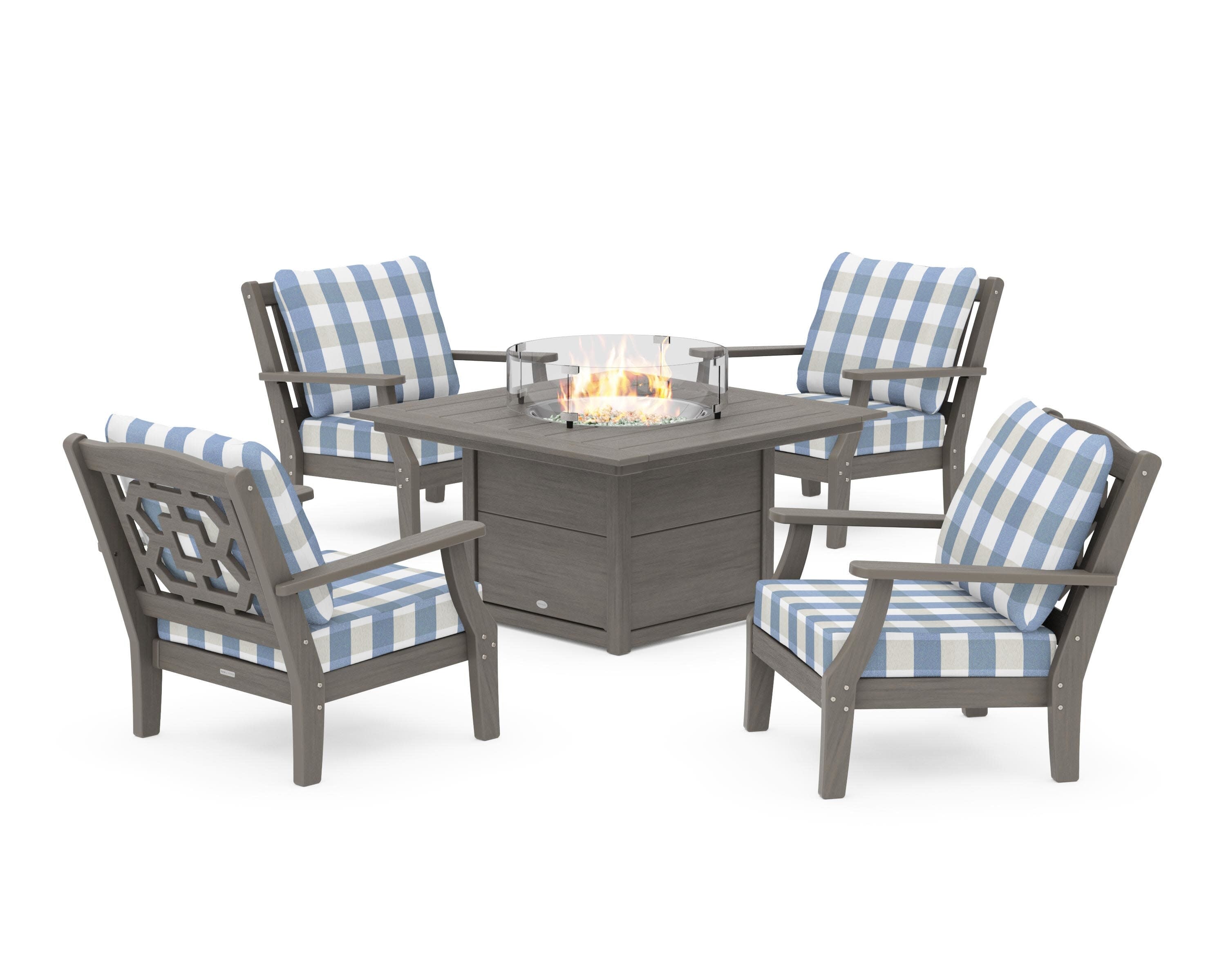 Chinoiserie 5-Piece Deep Seating Set with Fire Pit Table in Driftwood / Buffalo Plaid Sky Blue