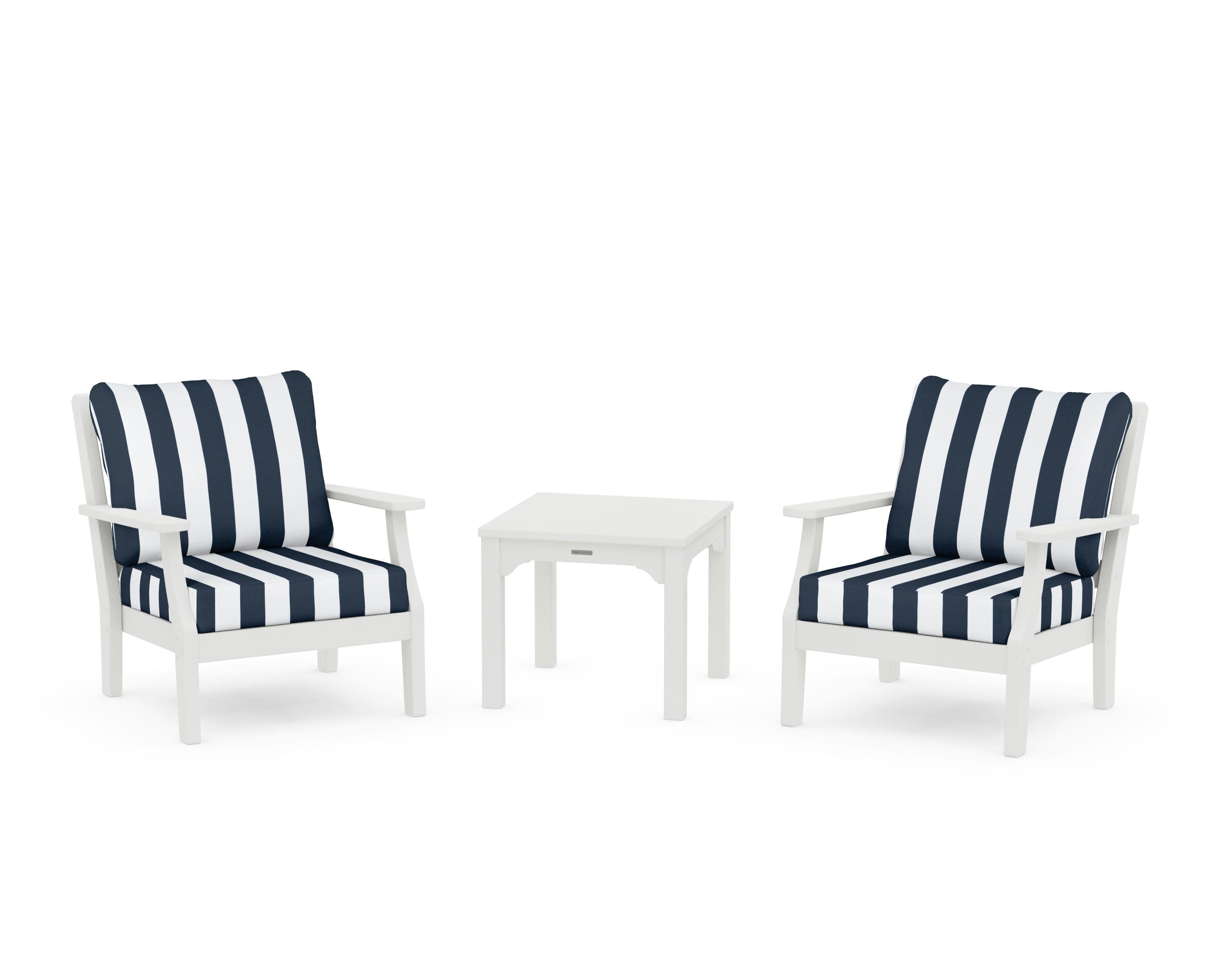 Chinoiserie 3-Piece Deep Seating Set in Vintage White / Cabana Stripe Marine Indigo