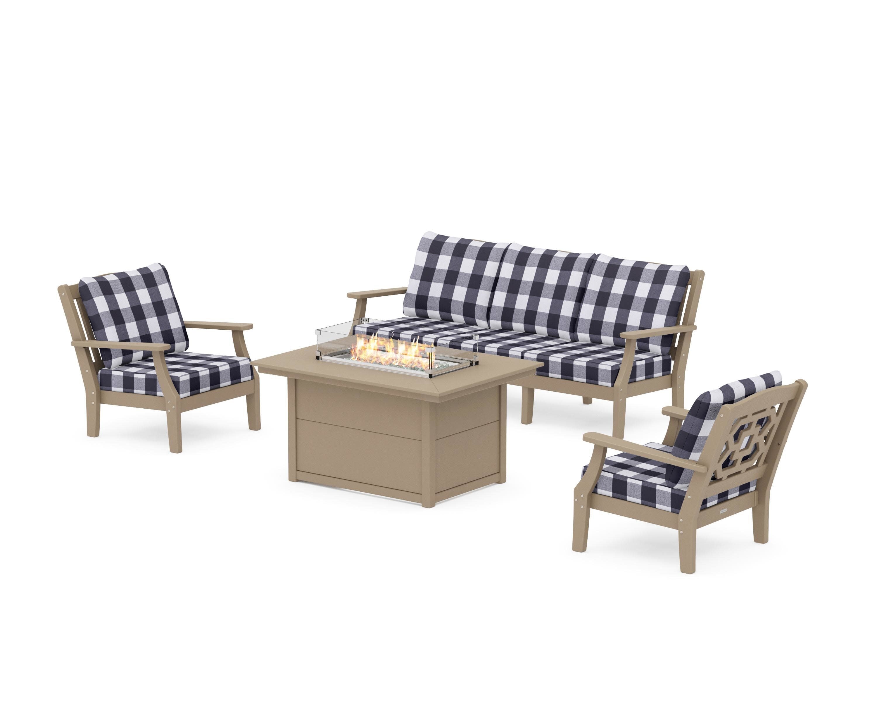 Chinoiserie Deep Seating Fire Pit Table Set in Vintage Sahara / Buffalo Plaid Navy