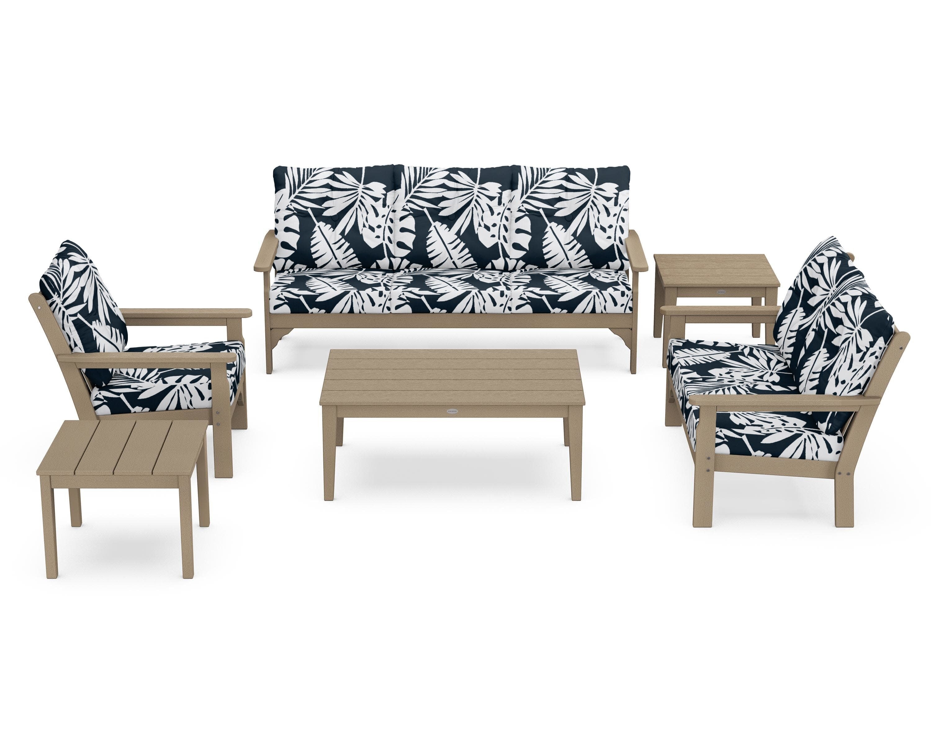 Vineyard 6-Piece Deep Seating Set in Vintage Sahara / Leaf Marine Indigo