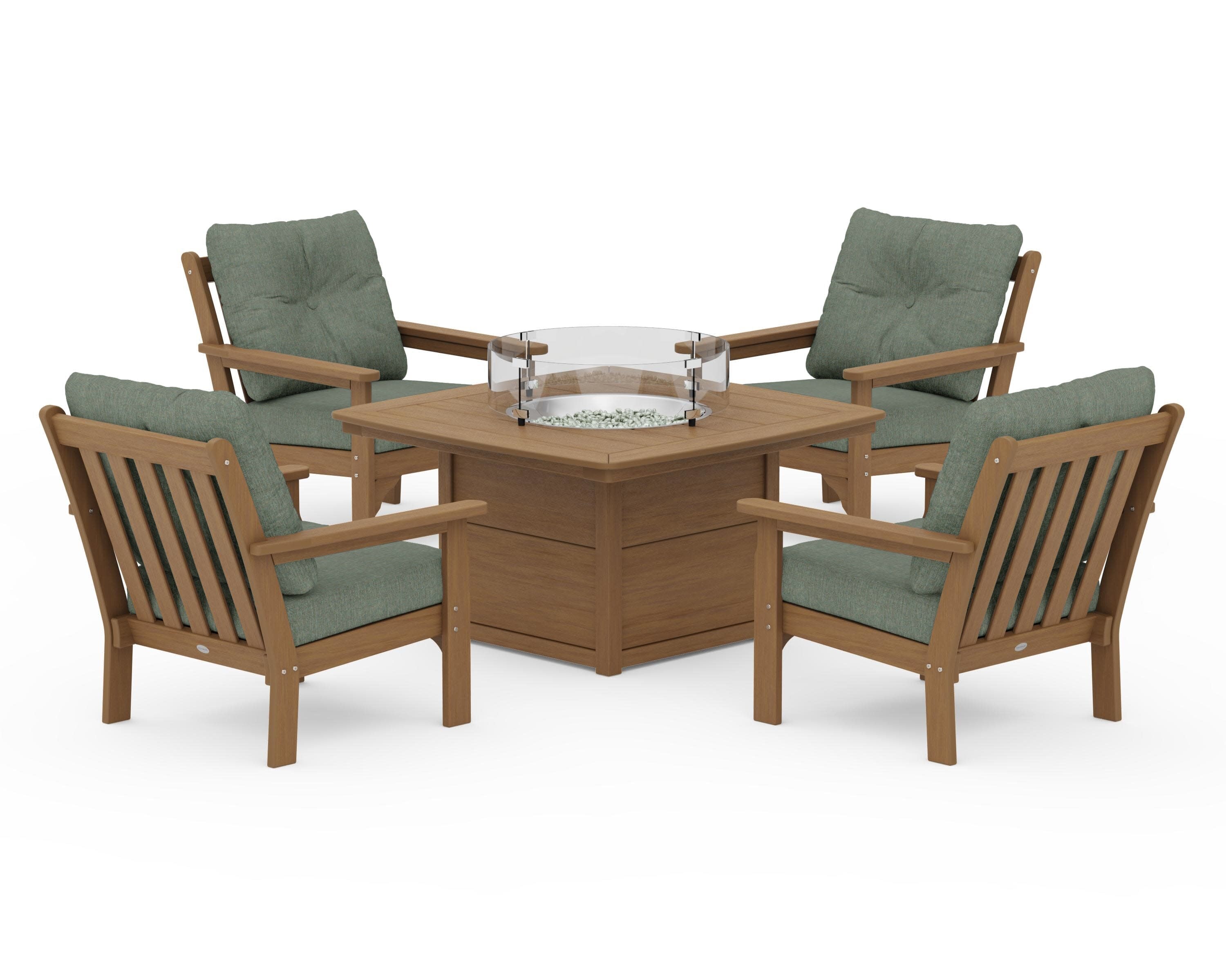 Vineyard 5-Piece Conversation Set with Fire Pit Table in Natural / Cast Sage