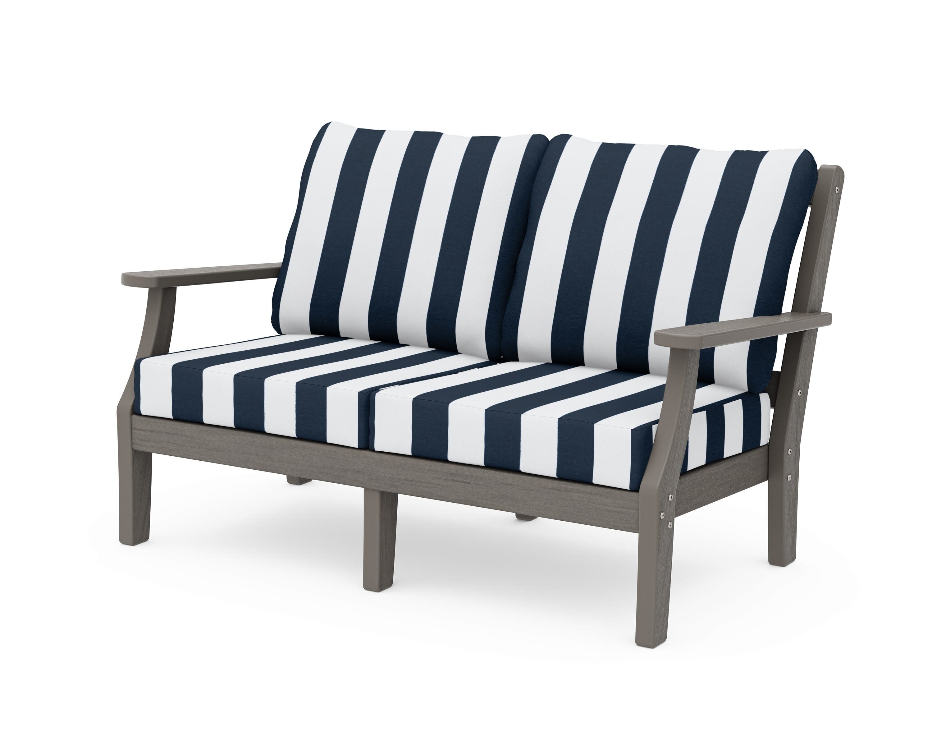 Chinoiserie Deep Seating Loveseat in Driftwood / Cabana Stripe Marine Indigo