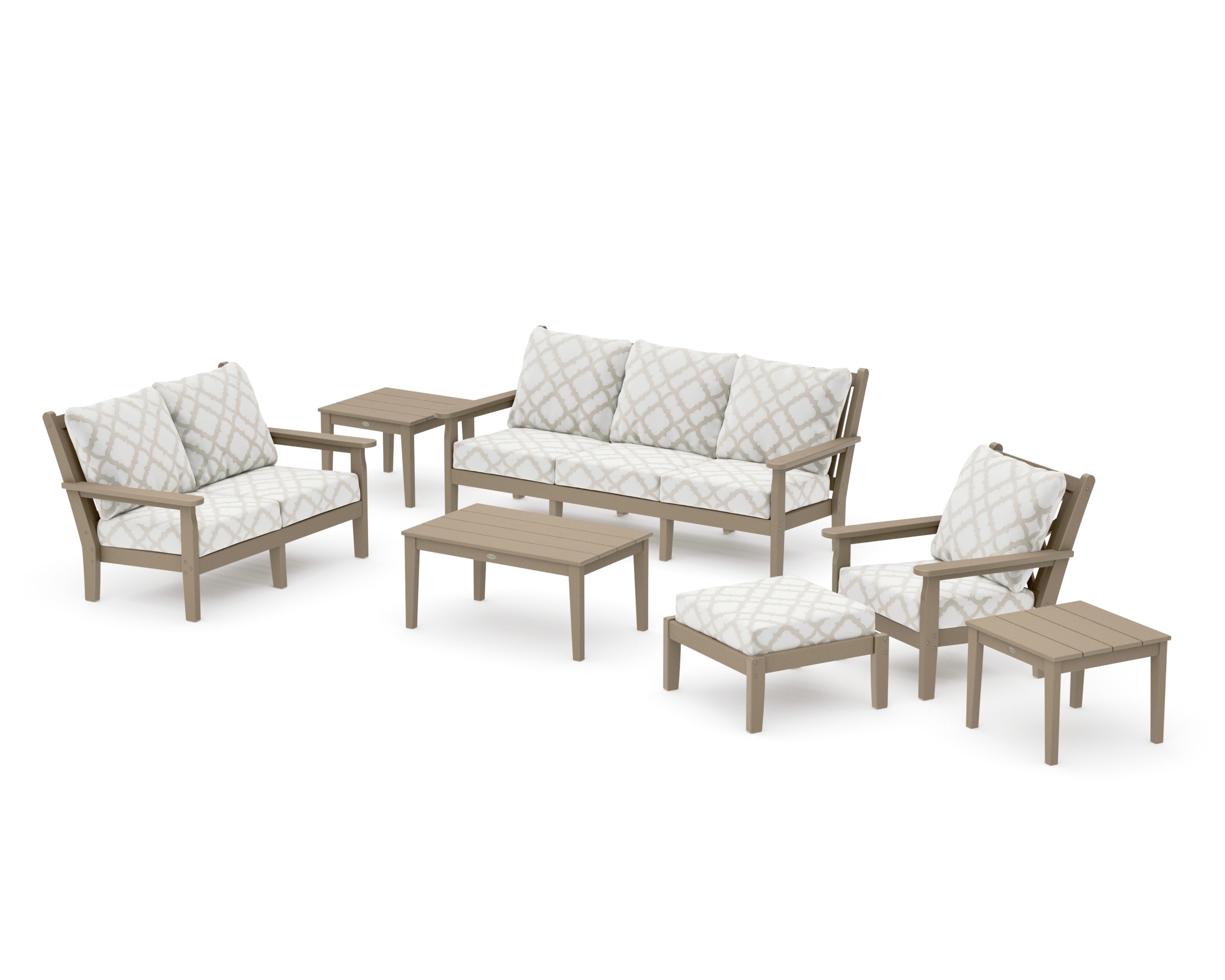 Chippendale 7-Piece Deep Seating Set in Vintage Sahara / Trellis Dune Burlap