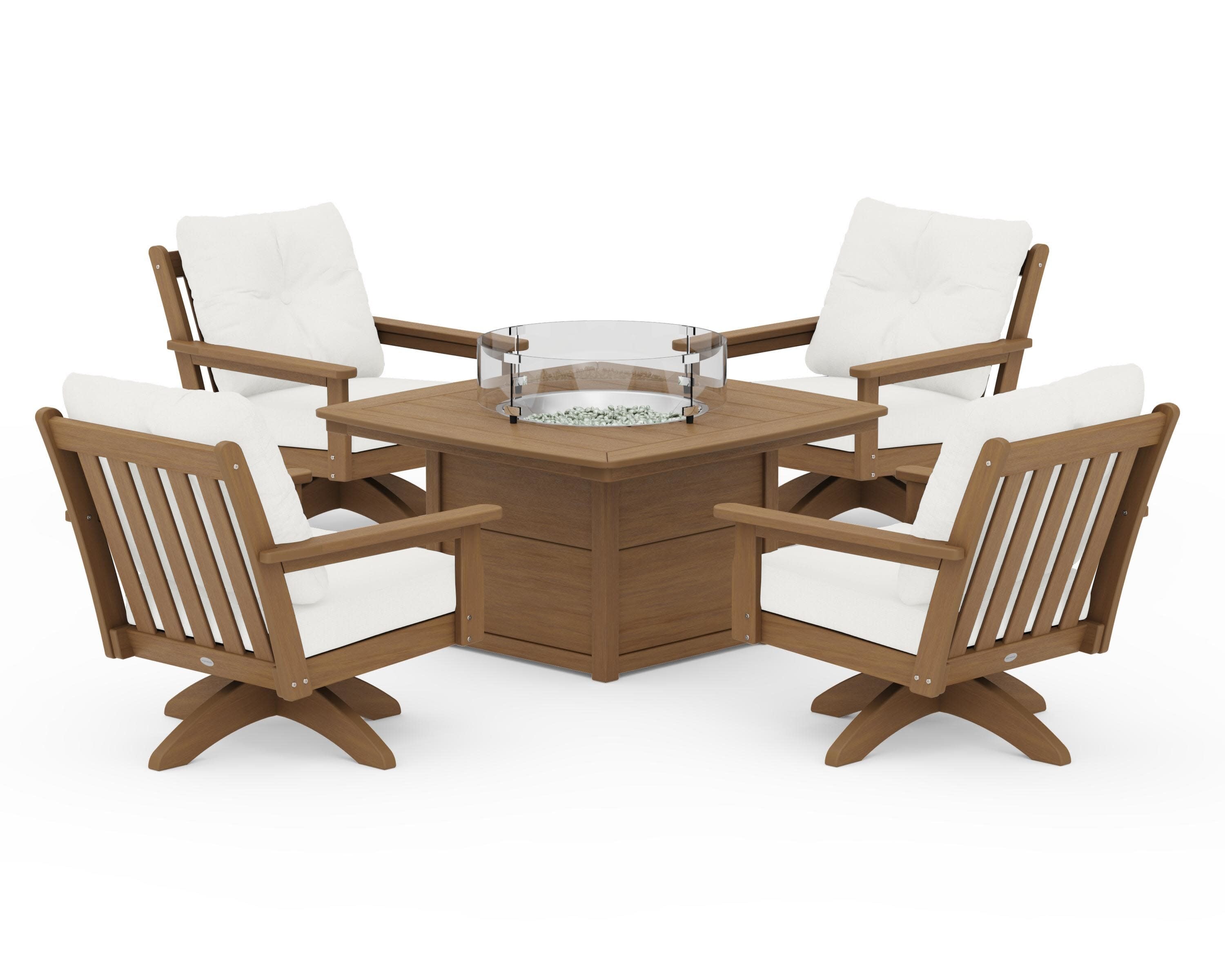 Vineyard 5-Piece Deep Seating Swivel Conversation Set with Fire Pit Table in Natural / Natural Linen