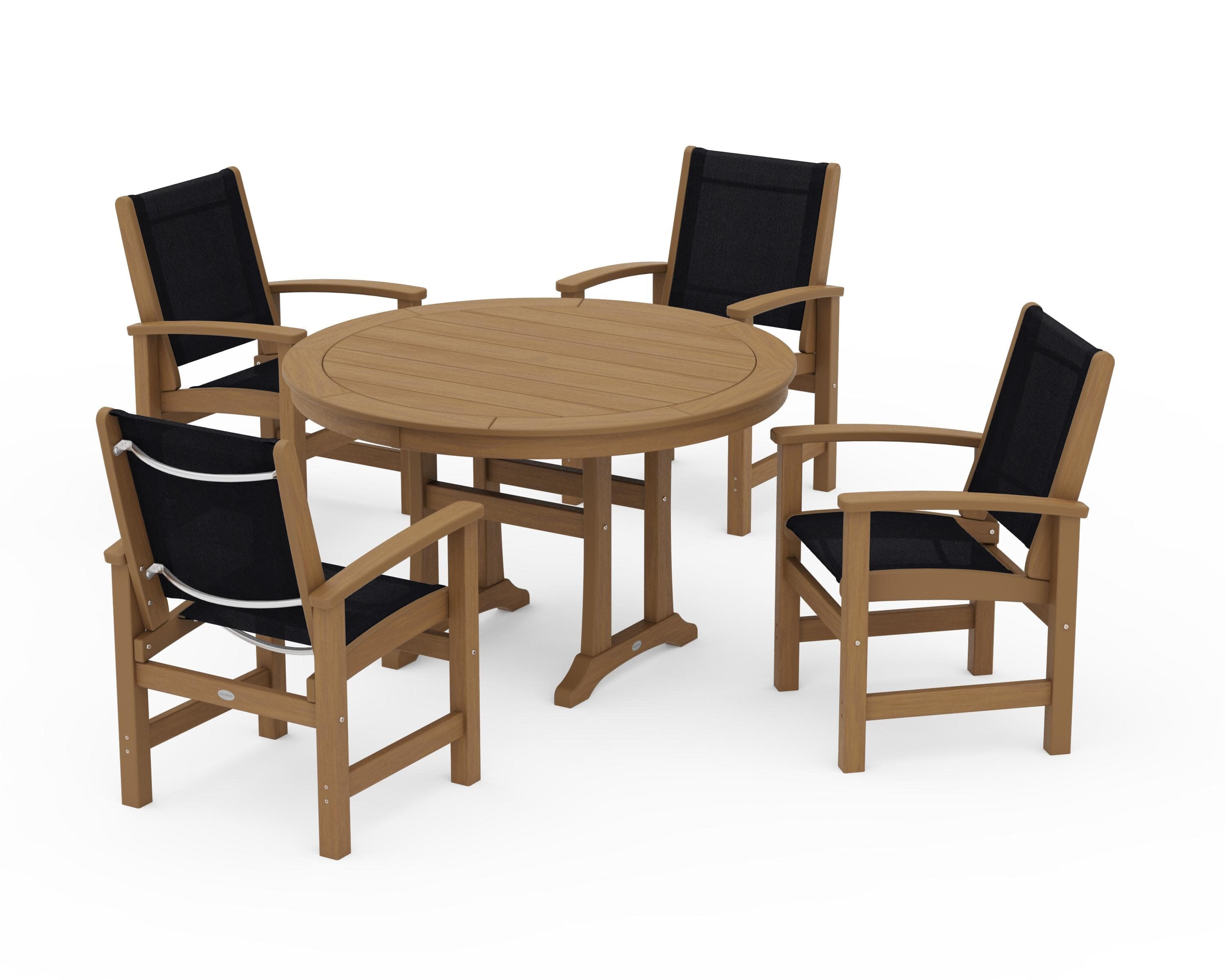 Coastal 5-Piece Round Dining Set with Trestle Legs in Natural / Black Sling