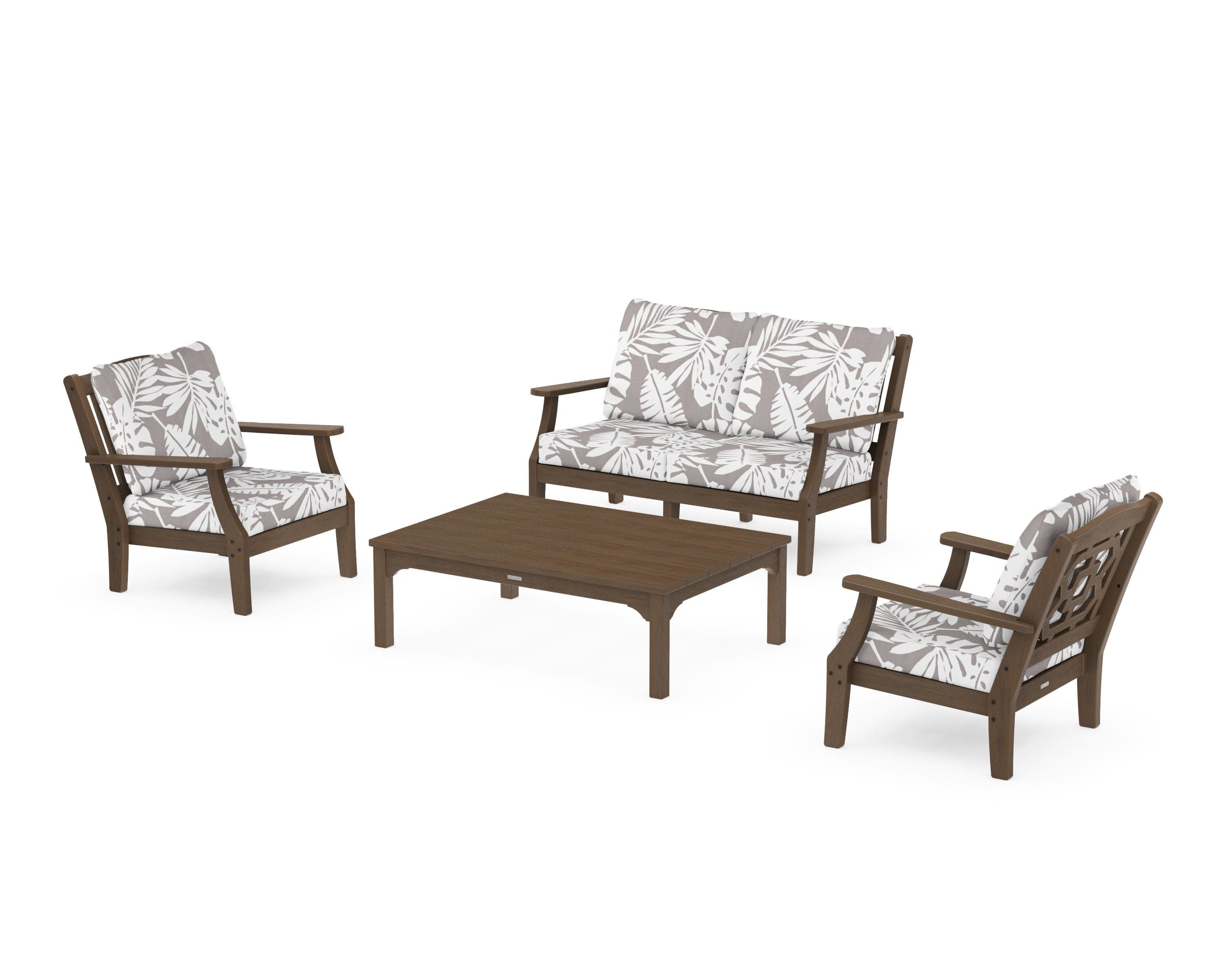 Chinoiserie 4-Piece Deep Seating Set with Loveseat in Kona / Leaf Grey Mist