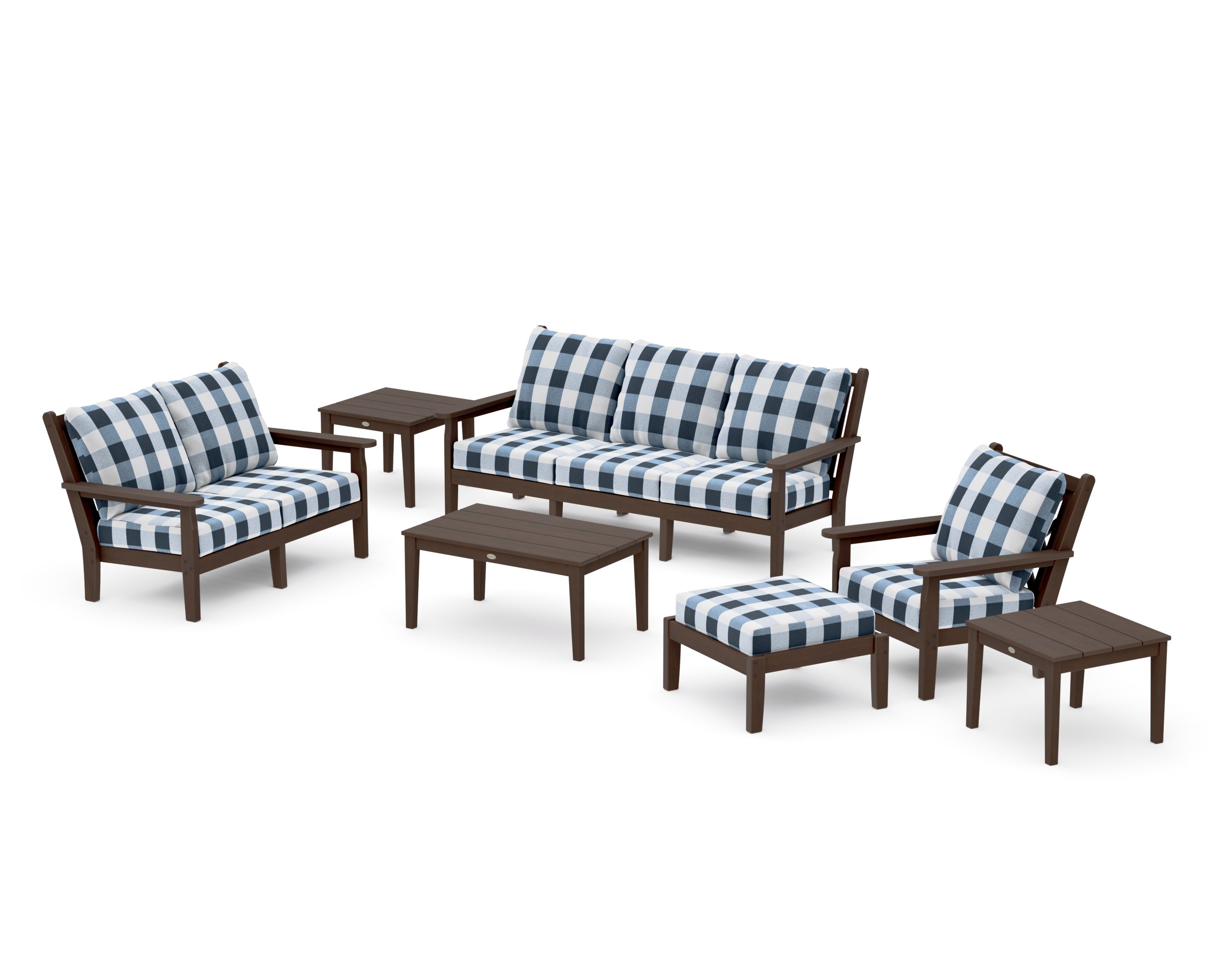 Chippendale 7-Piece Deep Seating Set in Kona / Buffalo Plaid Marine Indigo