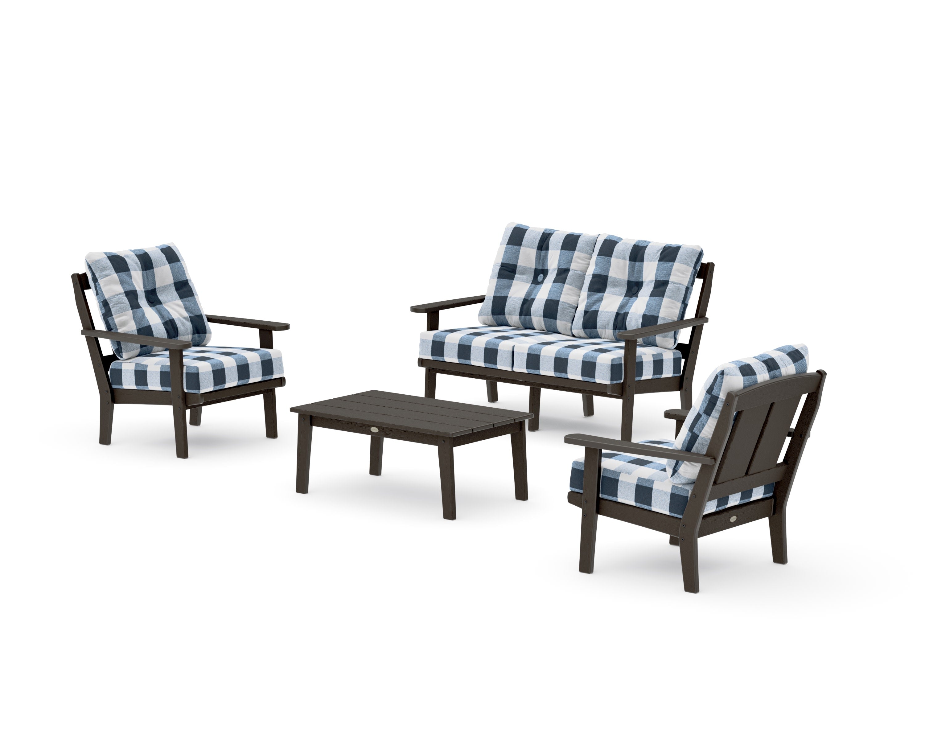 Mission 4-Piece Deep Seating Set with Loveseat in Vintage Coffee / Buffalo Plaid Marine Indigo