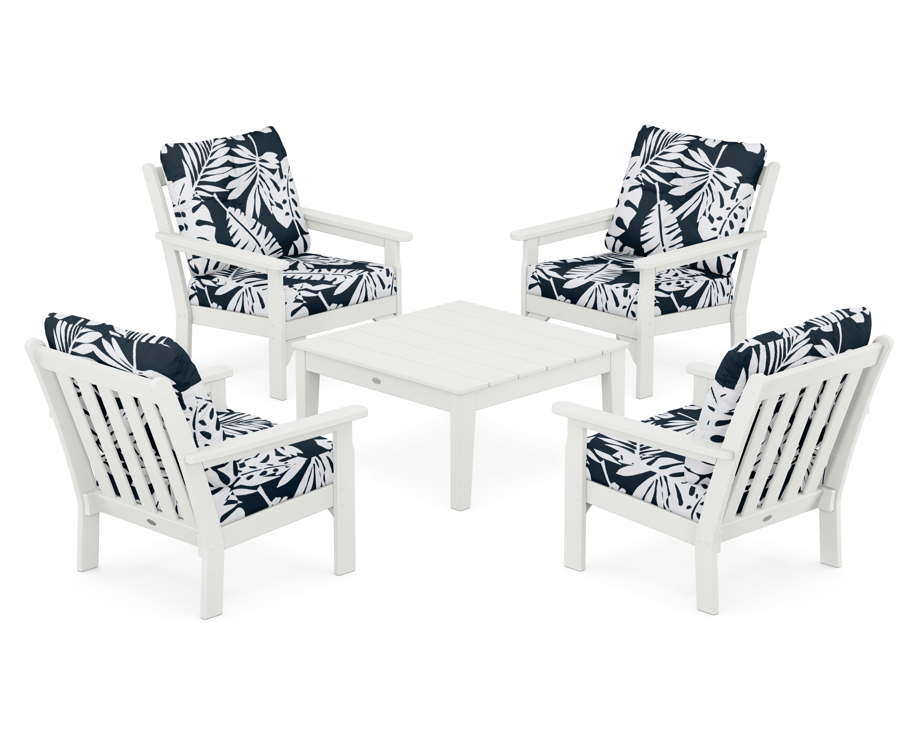Vineyard 5-Piece Deep Seating Conversation Set in Vintage White / Leaf Marine Indigo