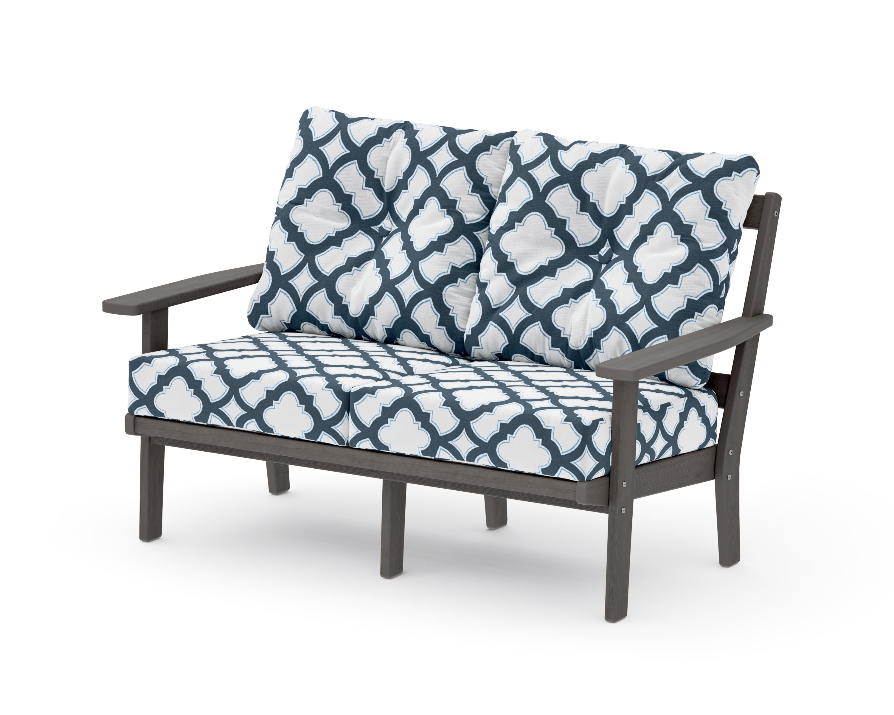 Prairie Deep SeatingLoveseat in Driftwood / Trellis Marine Indigo