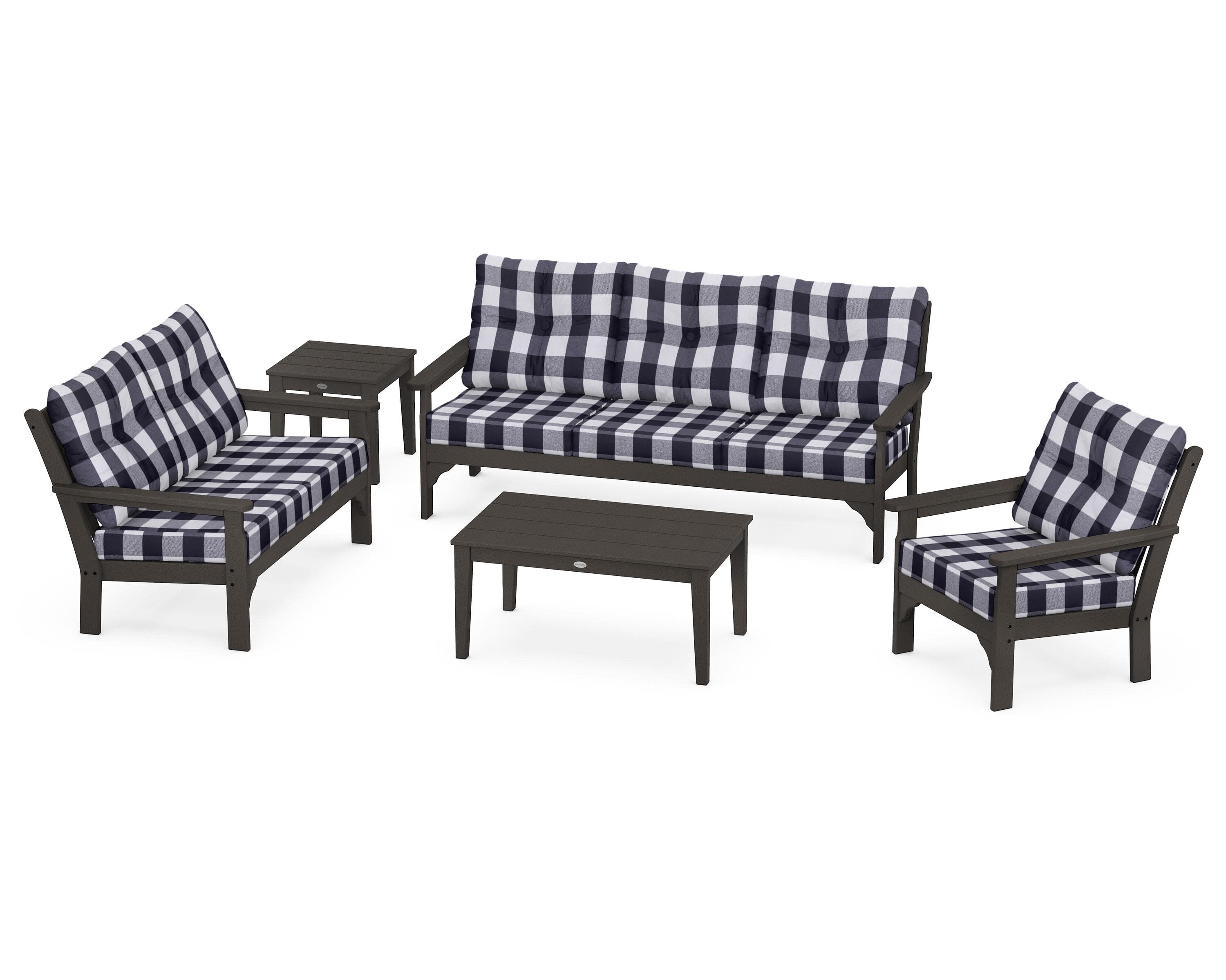 Vineyard 5 Piece Deep Seating Set in Vintage Coffee / Buffalo Plaid Navy