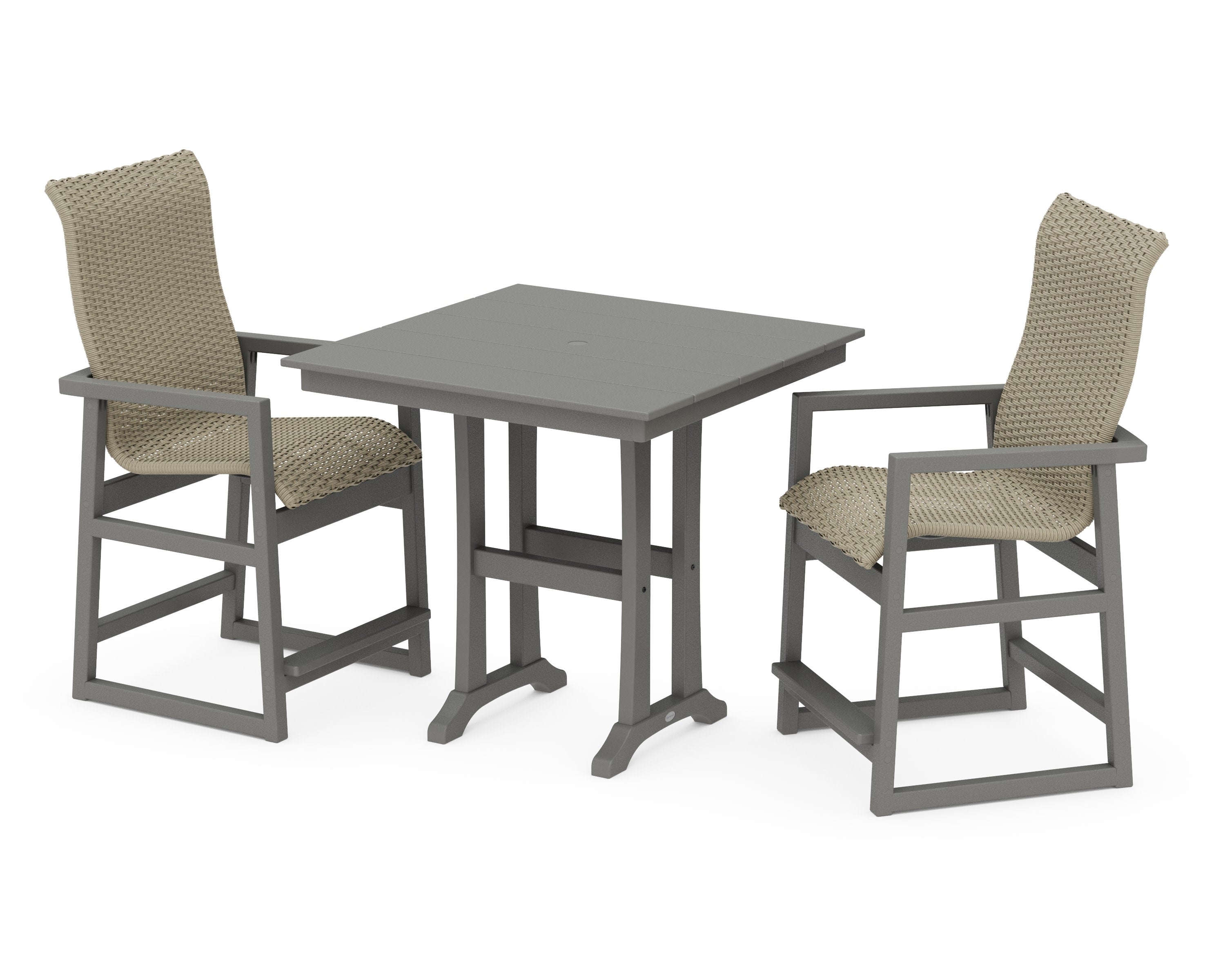 EDGE Woven Highback 3-Piece Farmhouse Counter Set with Trestle Legs in Slate Grey / Dune Grass