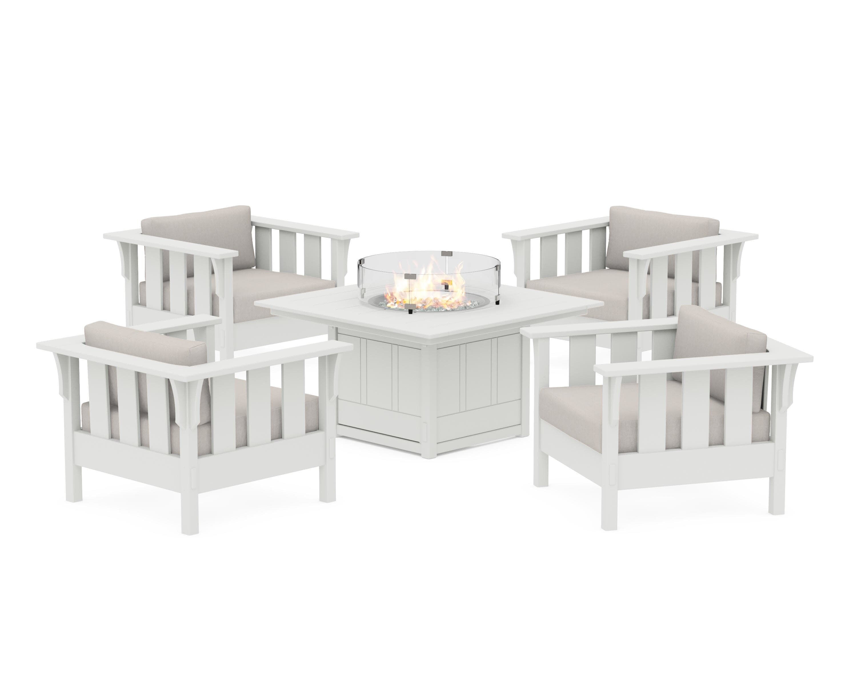 Acadia 5-Piece Deep Seating Set with Fire Pit Table in White / Cast Ash