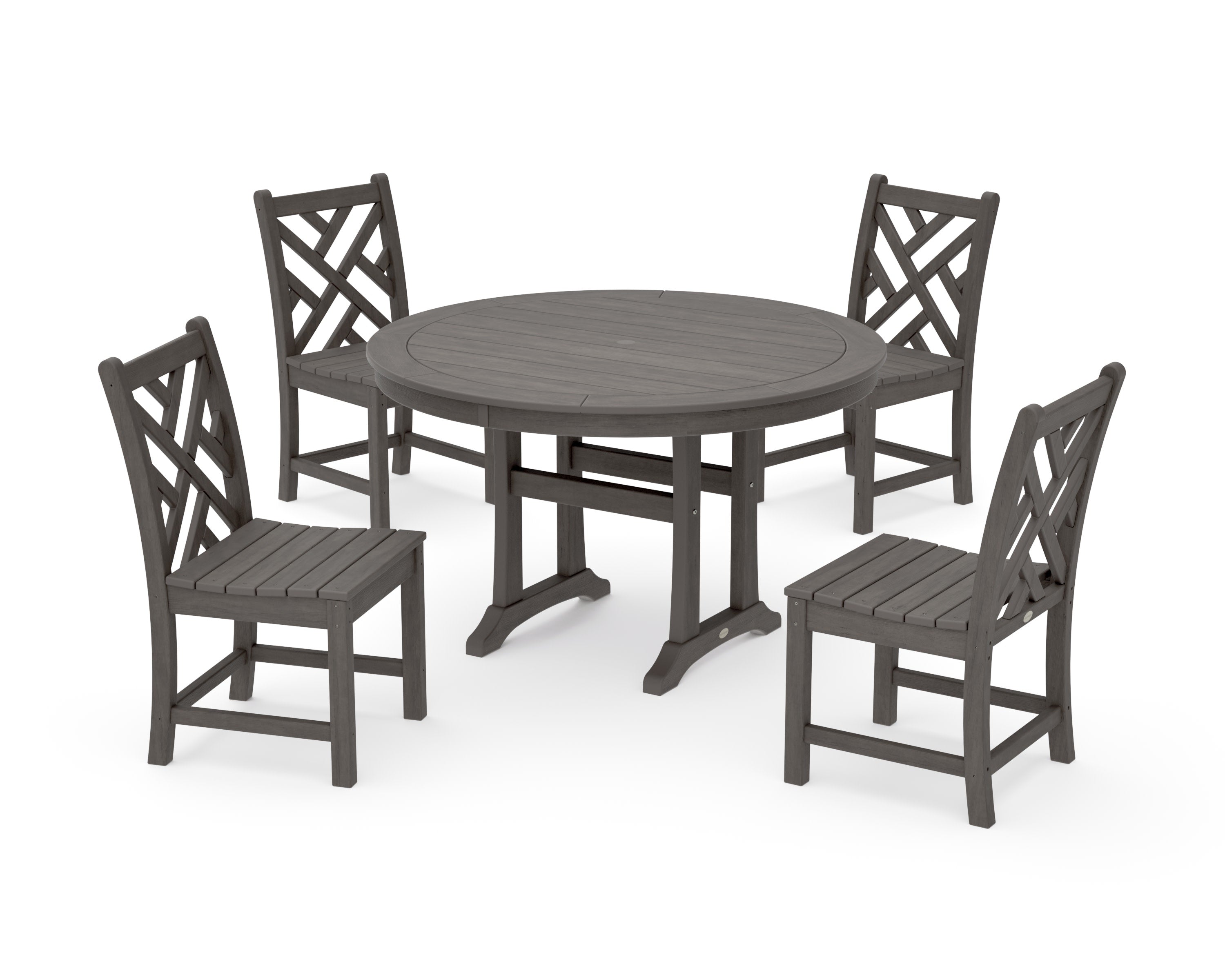 Chippendale Side Chair 5-Piece Round Dining Set With Trestle Legs in Driftwood
