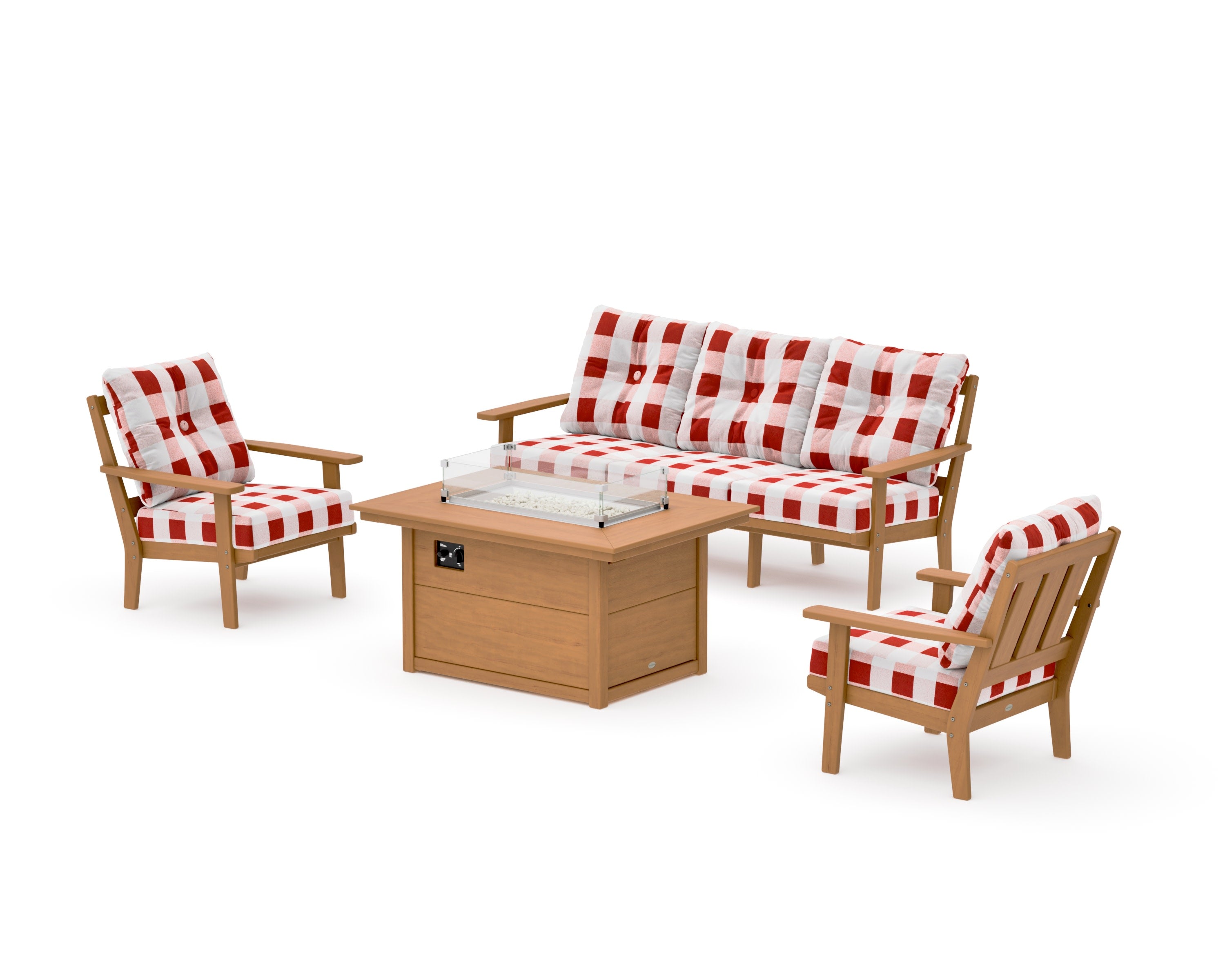 Oxford Deep Seating Fire Pit Table Set in Natural / Buffalo Plaid Crimson