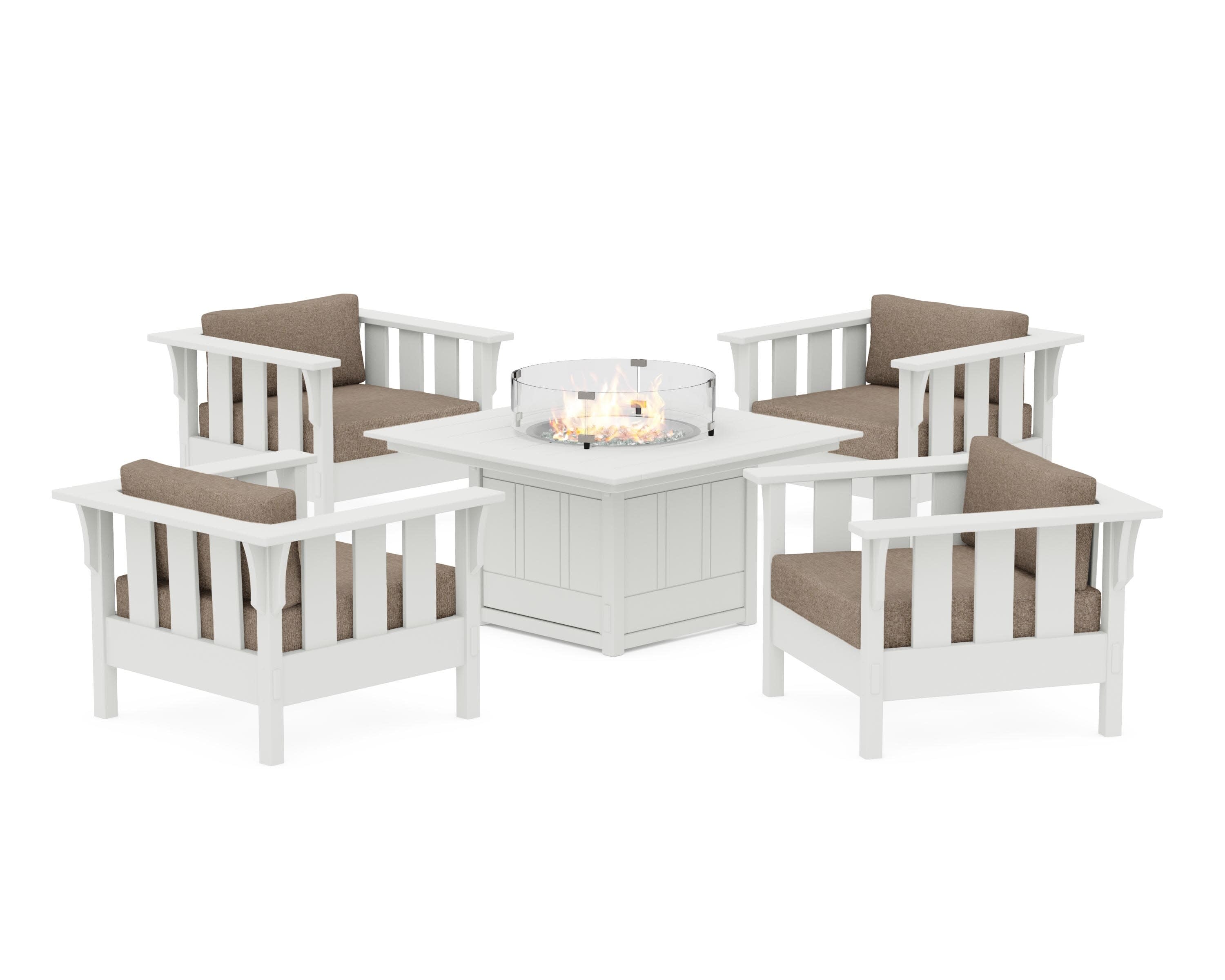 Acadia 5-Piece Deep Seating Set with Fire Pit Table in White / Spiced Burlap