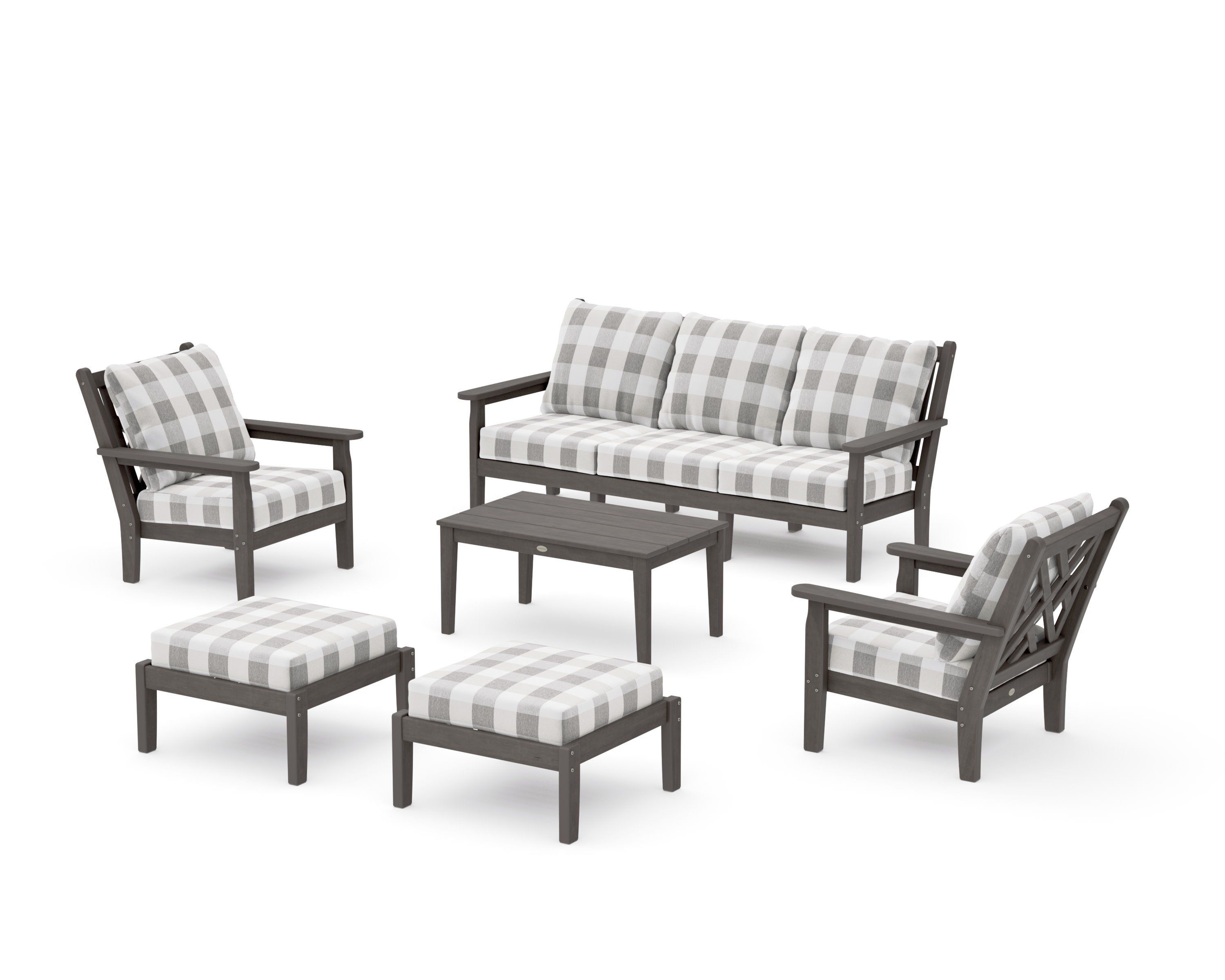 Chippendale 6-Piece Lounge Sofa Set in Driftwood / Buffalo Plaid Grey Mist