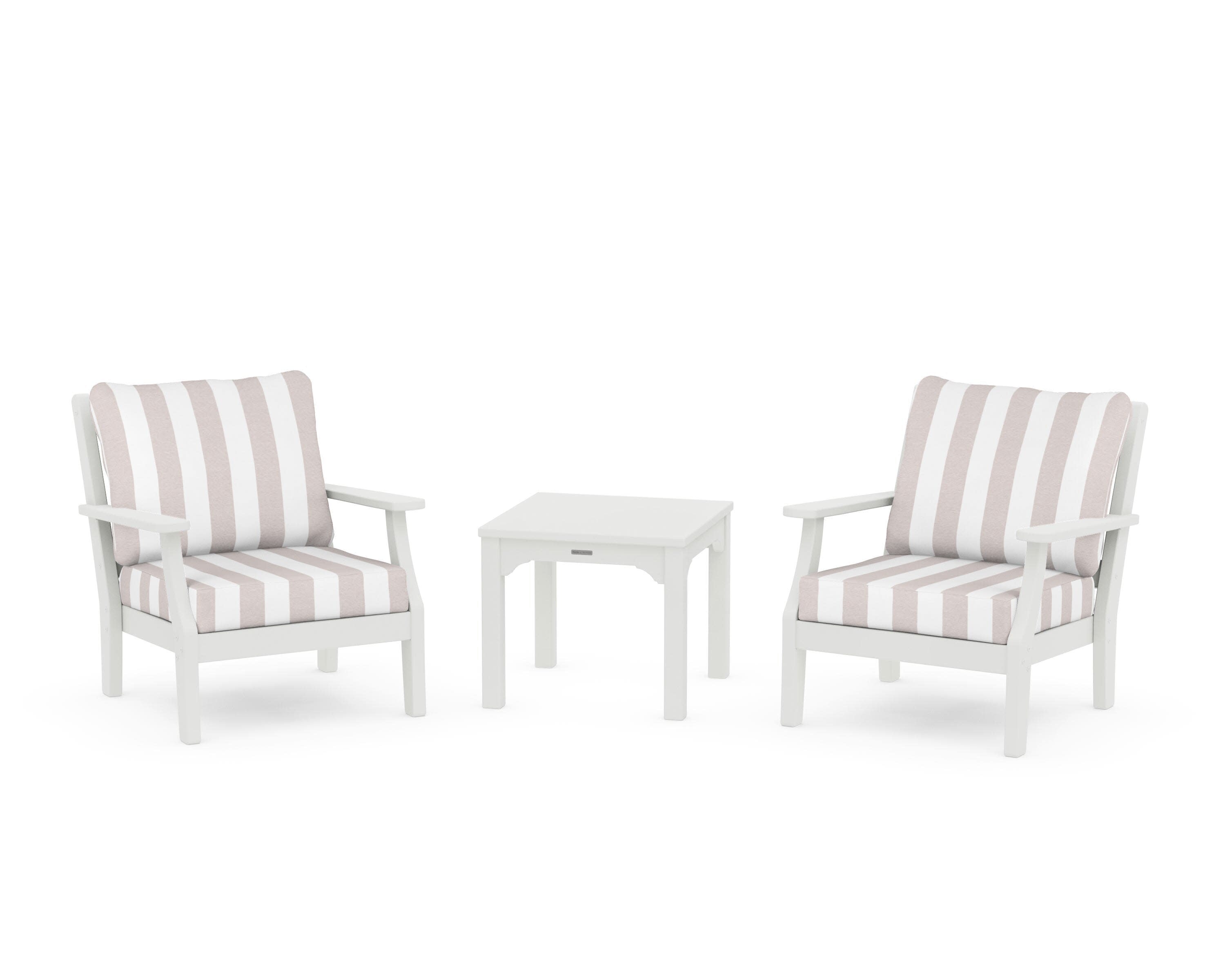 Chinoiserie 3-Piece Deep Seating Set in Vintage White / Cabana Stripe Dune Burlap