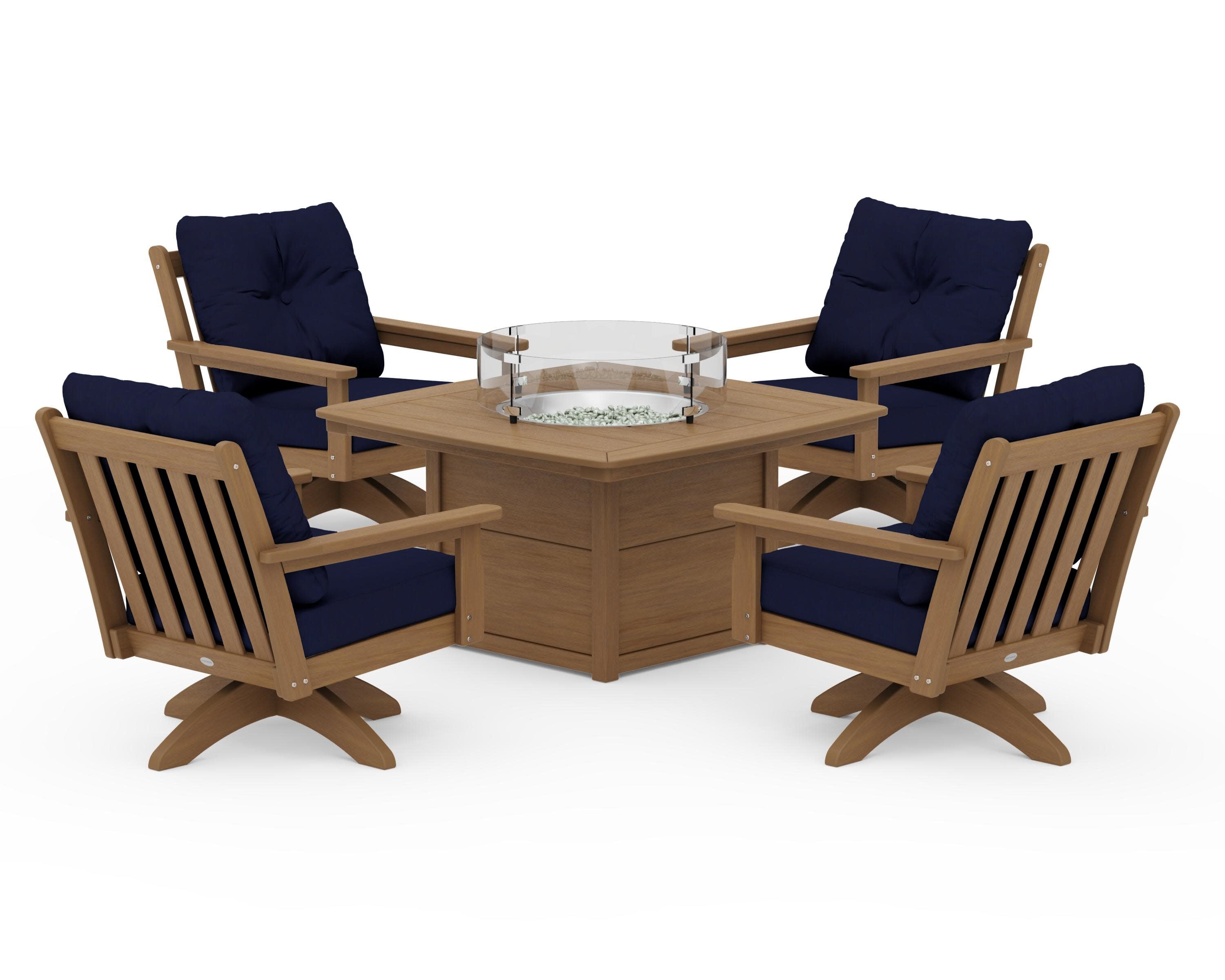 Vineyard 5-Piece Deep Seating Swivel Conversation Set with Fire Pit Table in Natural / Navy