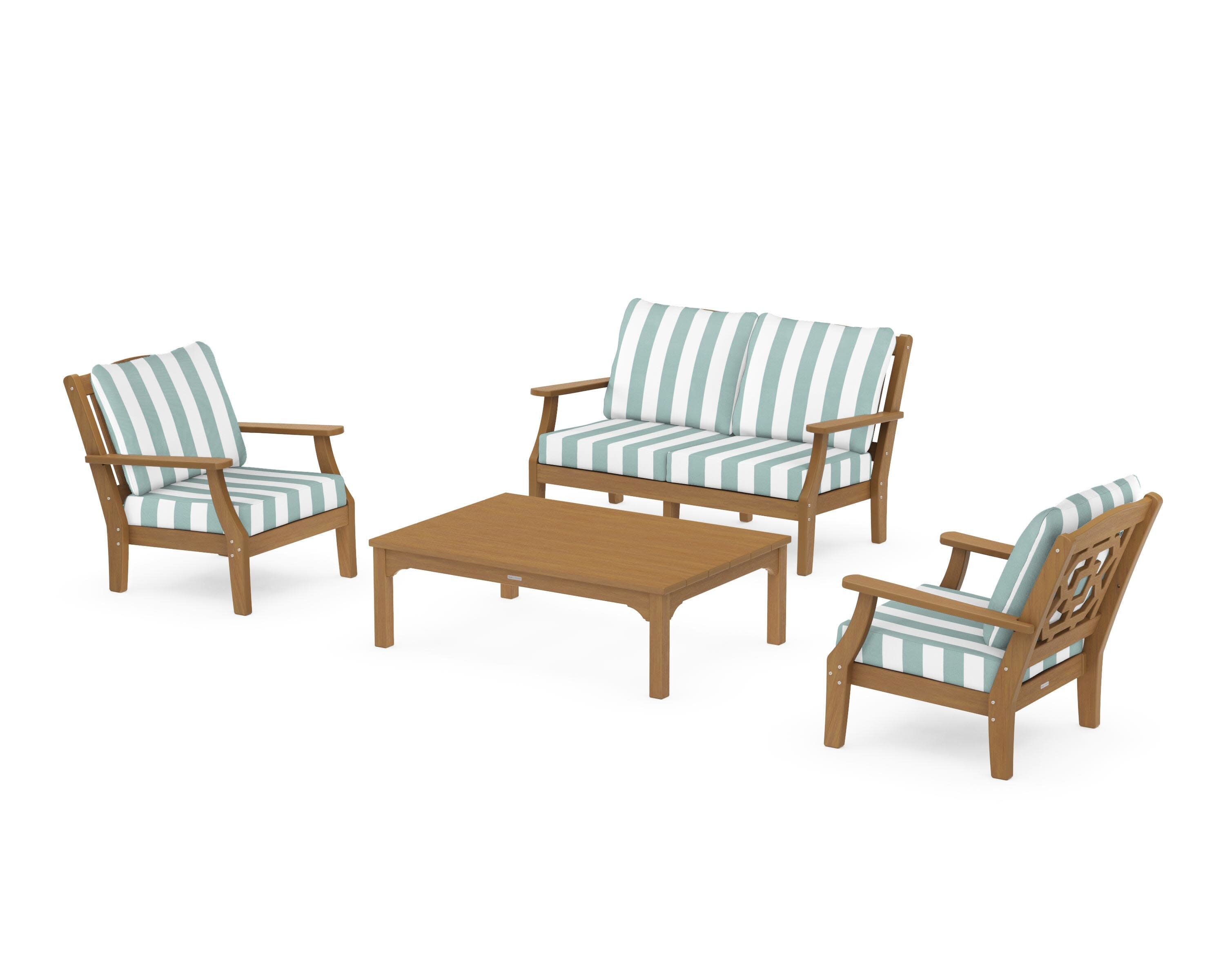 Chinoiserie 4-Piece Deep Seating Set with Loveseat in Natural / Cabana Stripe Glacier Spa
