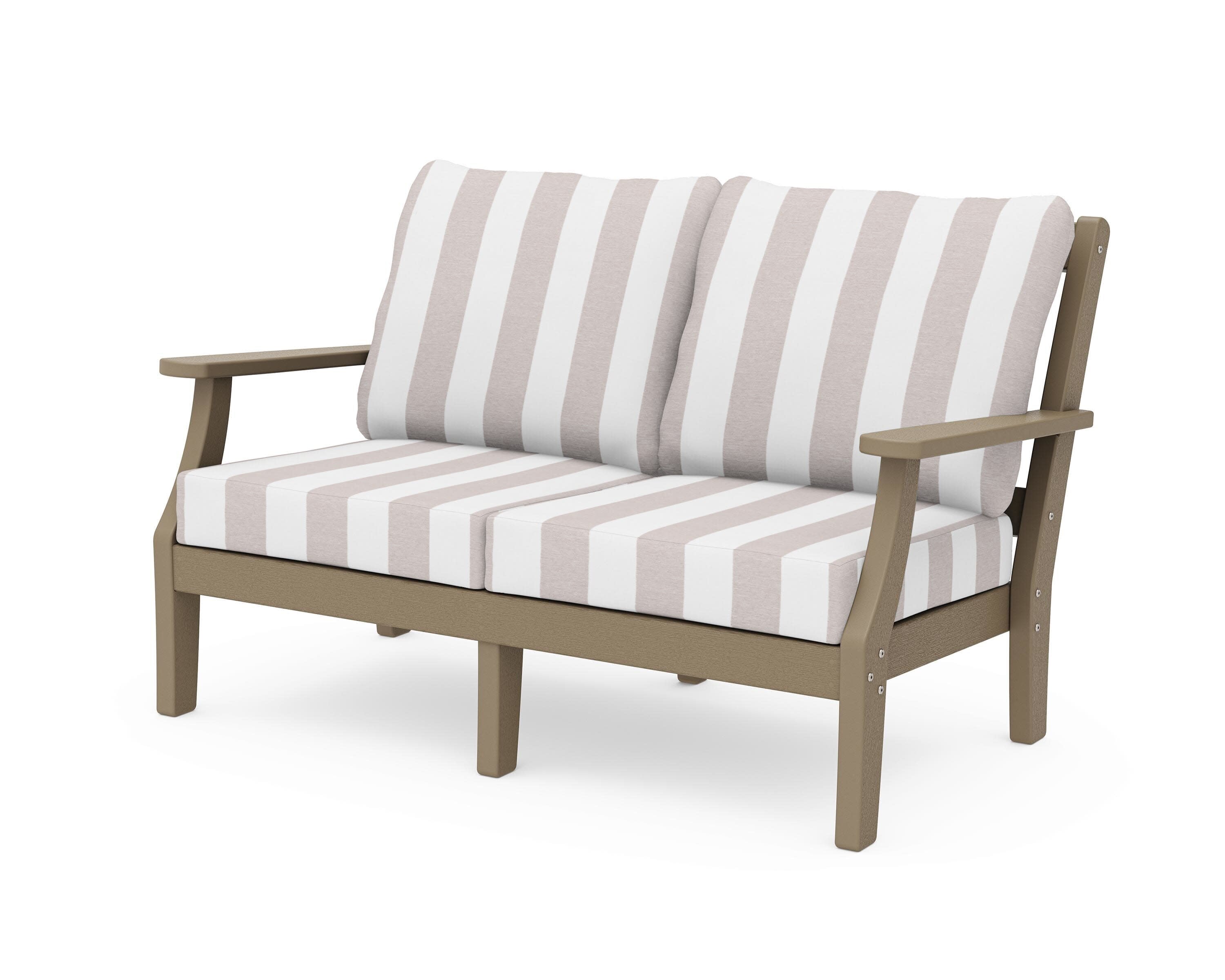 Chinoiserie Deep Seating Loveseat in Vintage Sahara / Cabana Stripe Dune Burlap