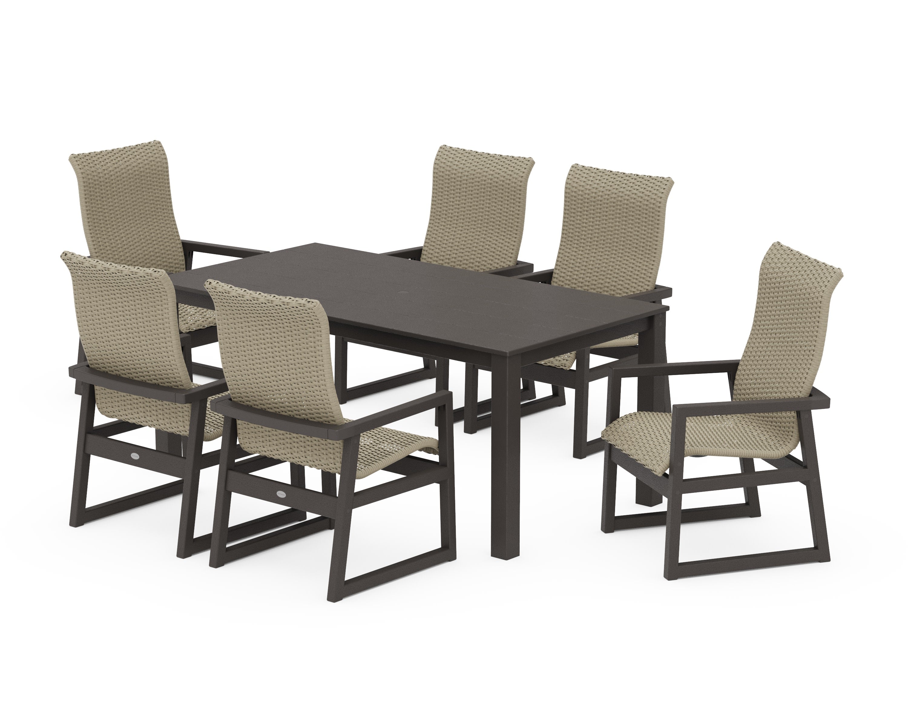 EDGE Woven Highback Arm Chair 7-Piece Parsons Dining Set in Vintage Coffee / Dune Grass