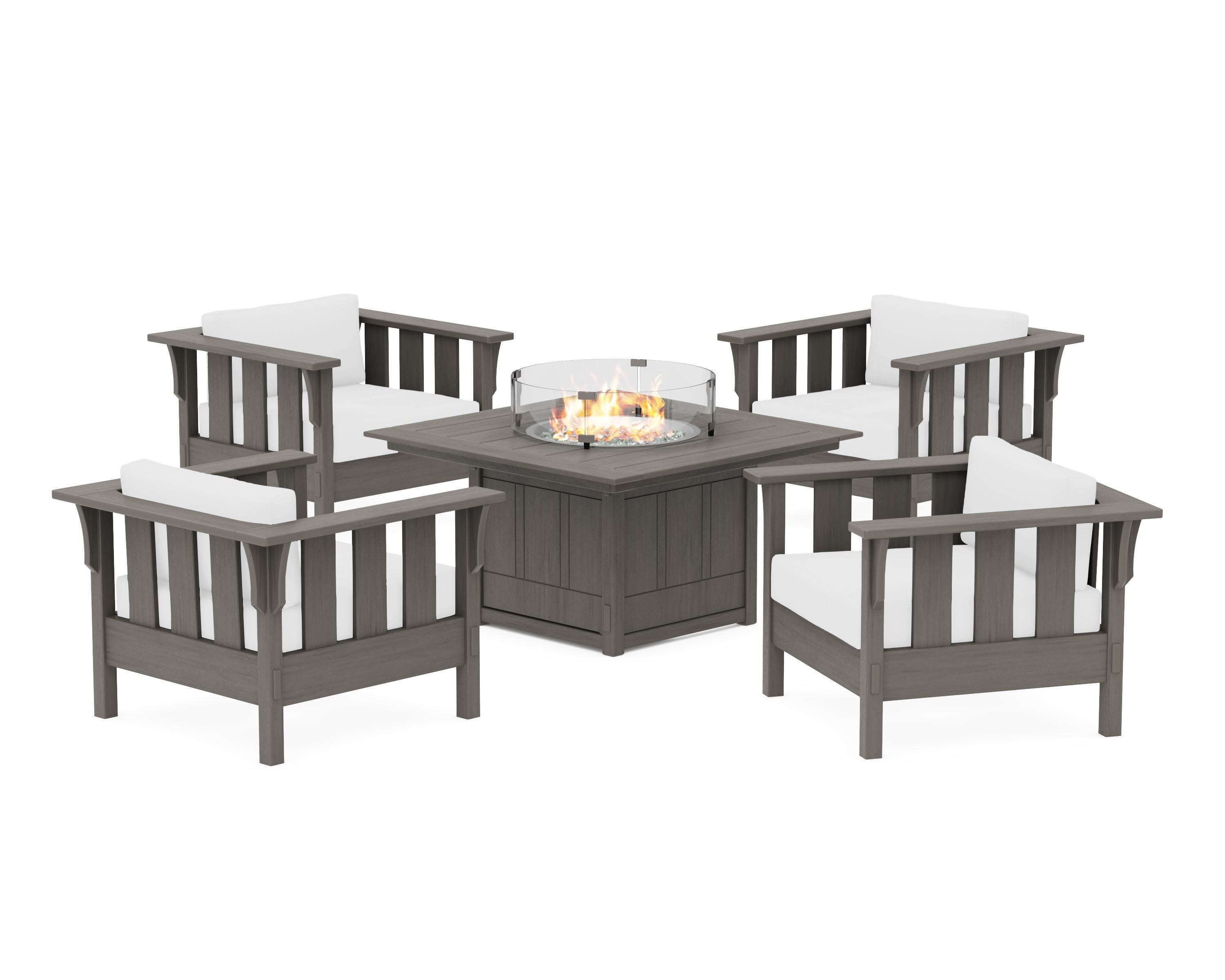Acadia 5-Piece Deep Seating Set with Fire Pit Table in Driftwood / Natural