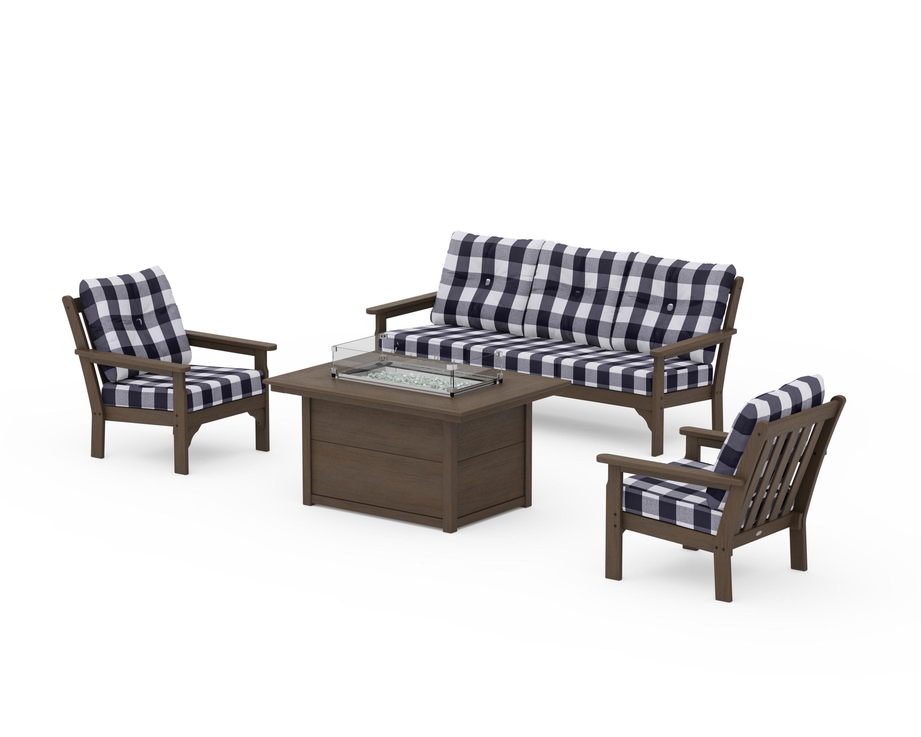 Vineyard Deep Seating Fire Pit Table Set in Kona / Buffalo Plaid Navy