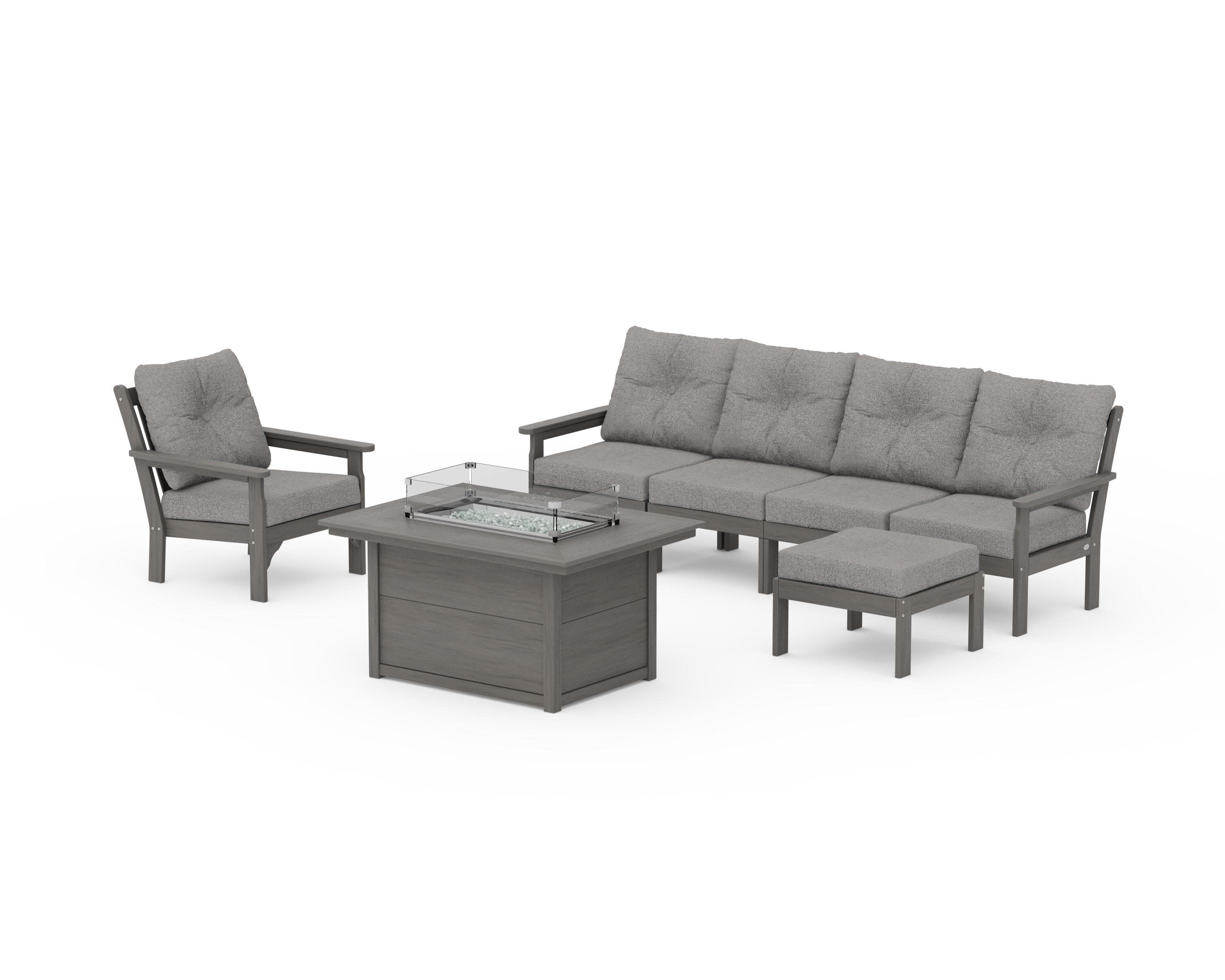 Vineyard Sectional Lounge and Fire Pit Set in Driftwood / Grey Mist