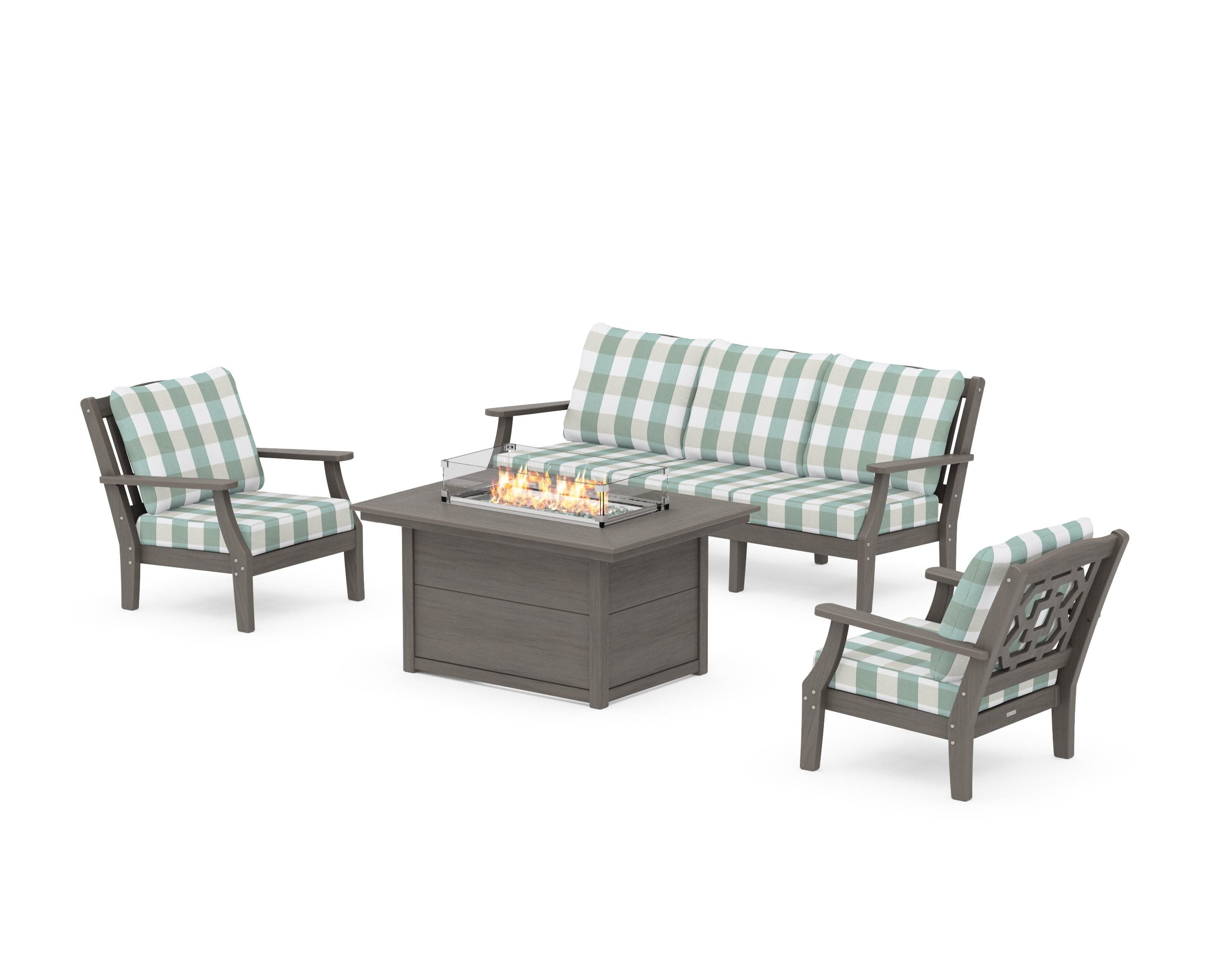 Chinoiserie Deep Seating Fire Pit Table Set in Driftwood / Buffalo Plaid Glacier Spa