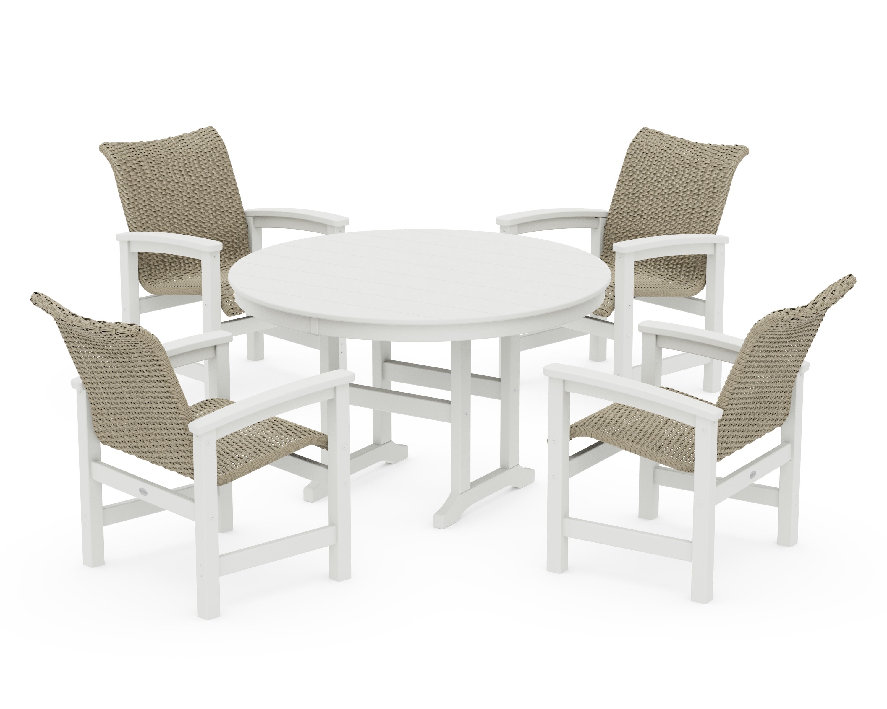 Coastal Woven 5-Piece Round Farmhouse Dining Set in White / Dune Grass