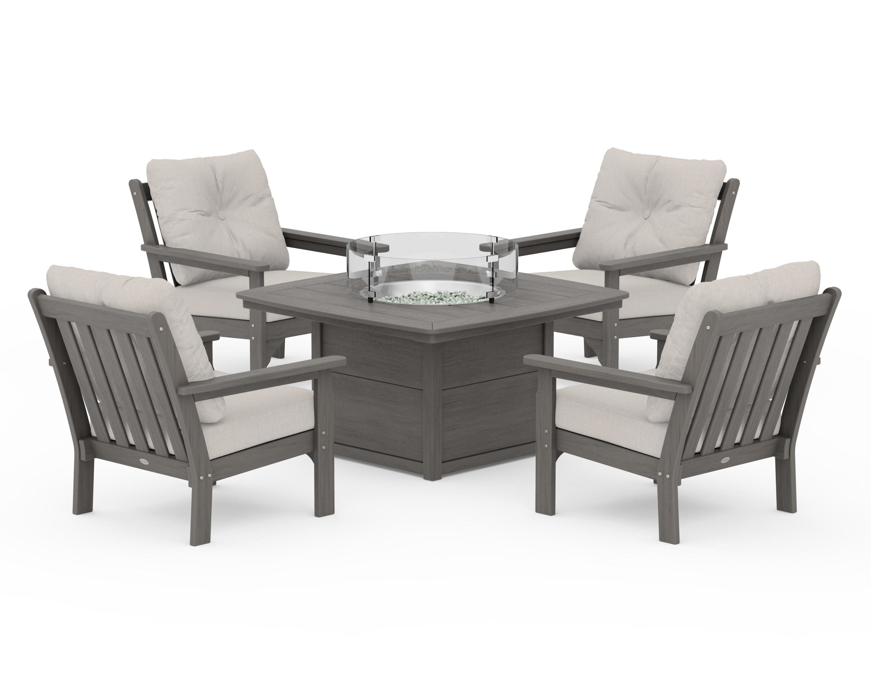 Vineyard 5-Piece Conversation Set with Fire Pit Table in Driftwood / Cast Ash