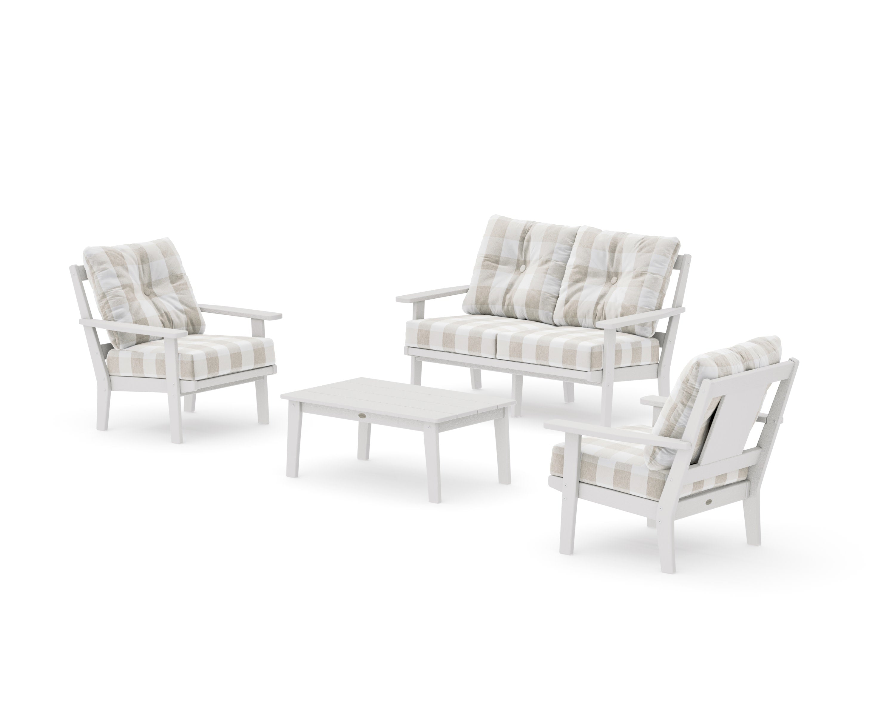 Prairie 4-Piece Deep Seating Set with Loveseat in Vintage White / Buffalo Plaid Dune Burlap