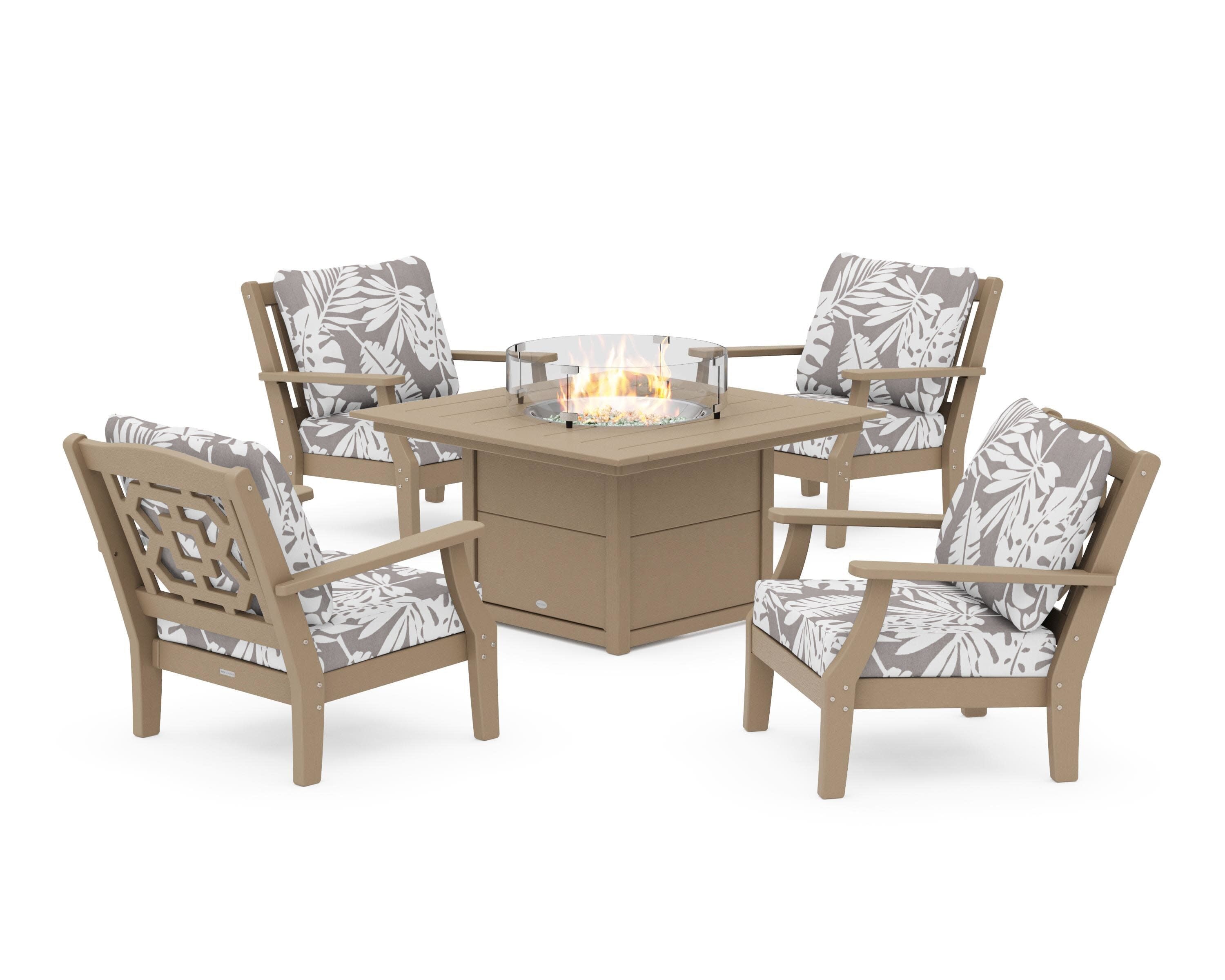 Chinoiserie 5-Piece Deep Seating Set with Fire Pit Table in Vintage Sahara / Leaf Grey Mist