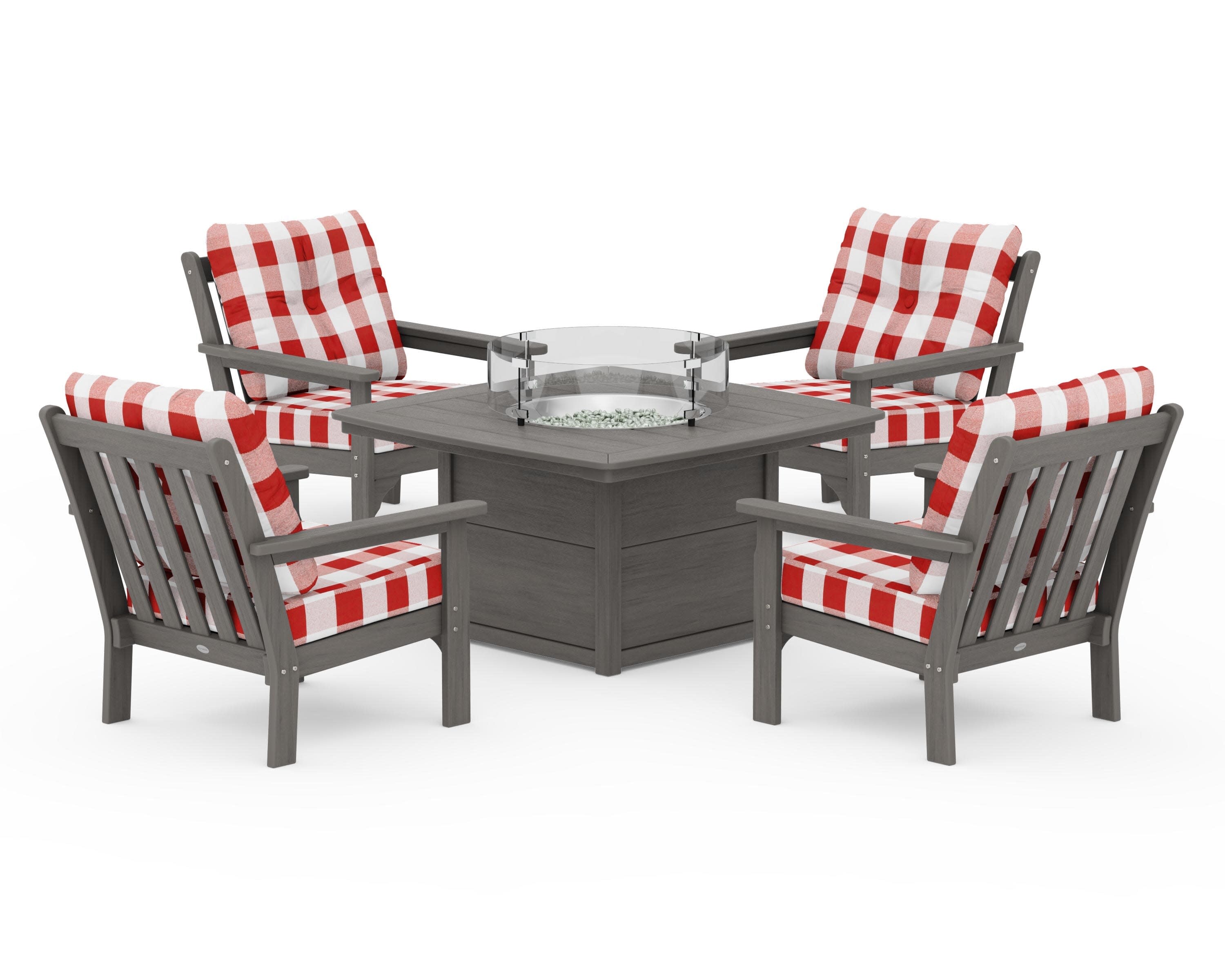 Vineyard 5-Piece Conversation Set with Fire Pit Table in Driftwood / Buffalo Plaid Crimson