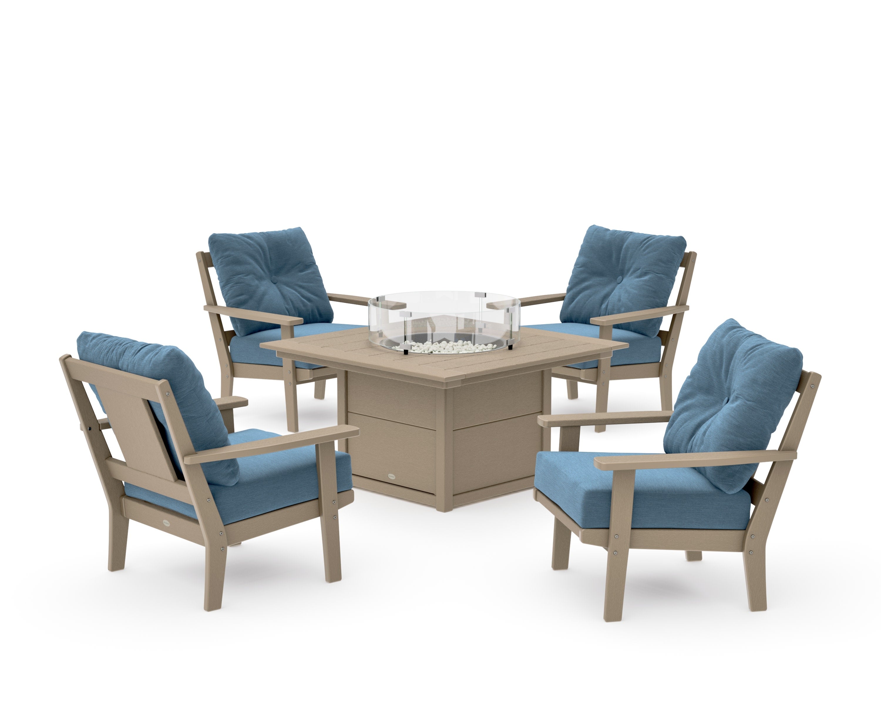 Prairie 5-Piece Deep Seating Set with Fire Pit Table in Vintage Sahara / Sky Blue