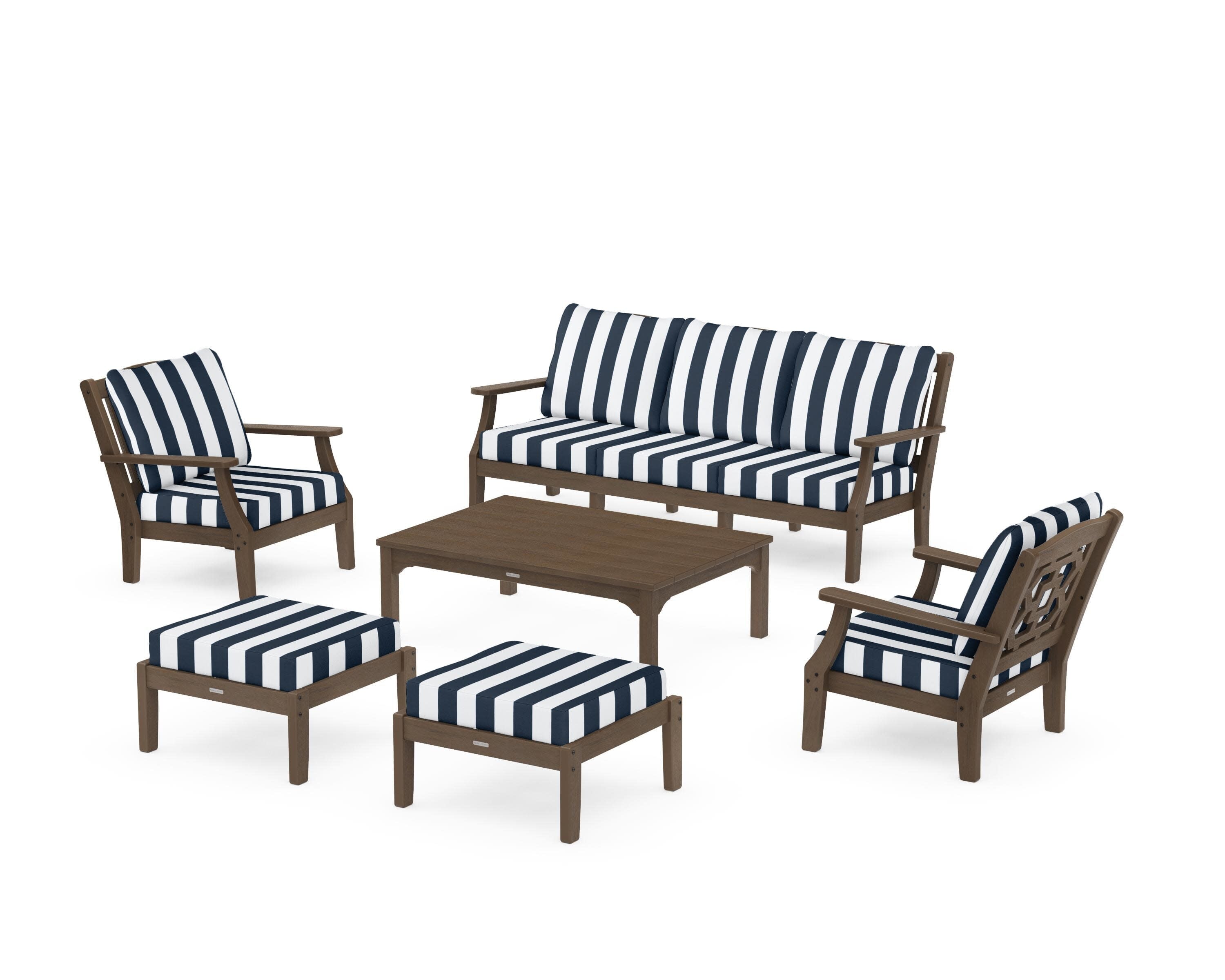 Chinoiserie 6-Piece Lounge Sofa Set in Kona / Cabana Stripe Marine Indigo
