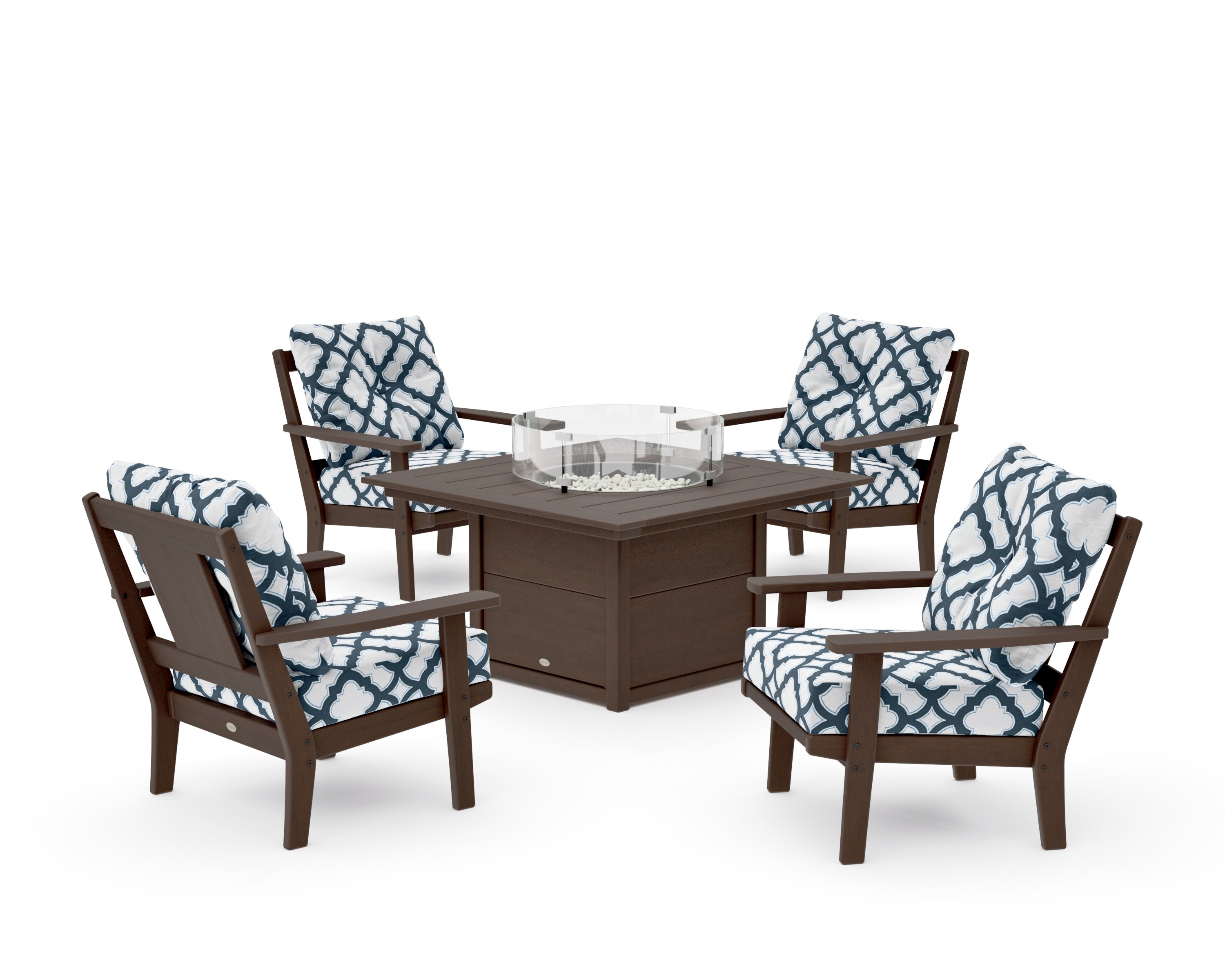 Prairie 5-Piece Deep Seating Set with Fire Pit Table in Kona / Trellis Marine Indigo