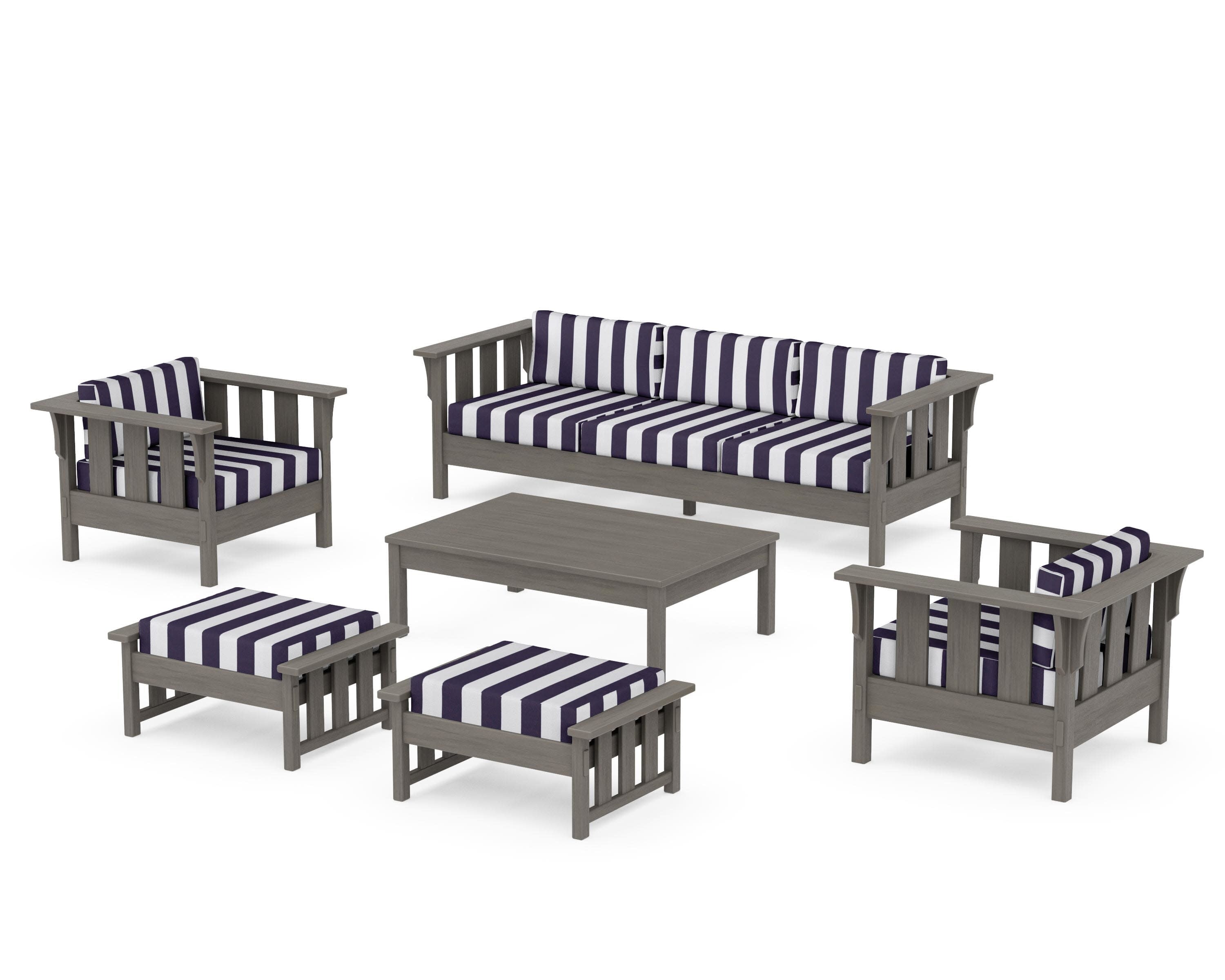 Acadia 6-Piece Lounge Sofa Set in Driftwood / Cabana Stripe Navy