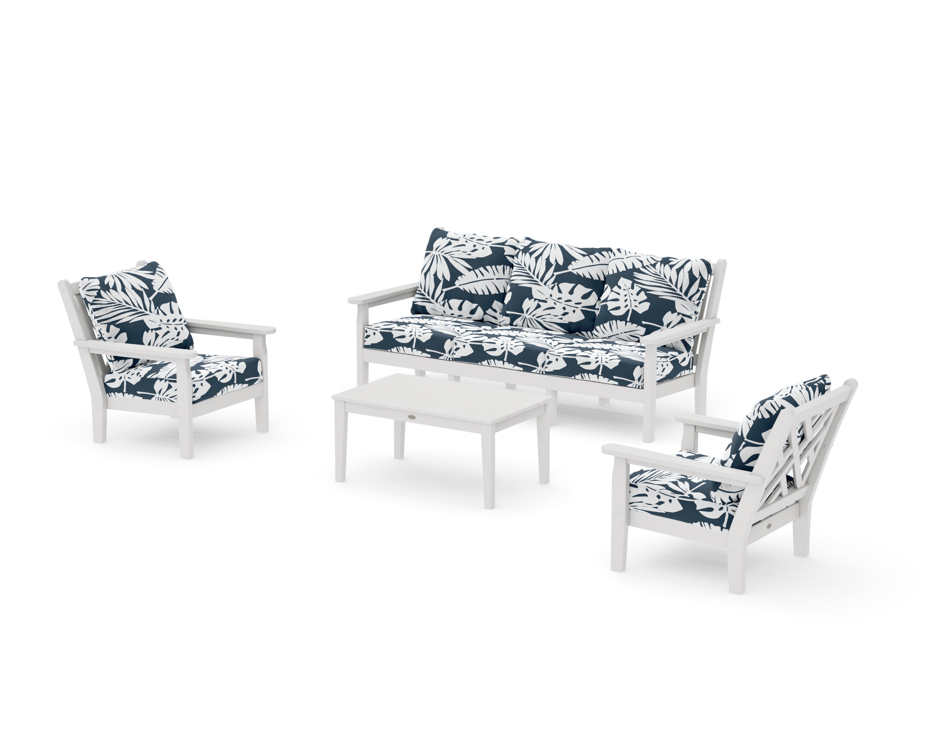 Chippendale 4-Piece Deep Seating Set with Sofa in Vintage White / Leaf Marine Indigo