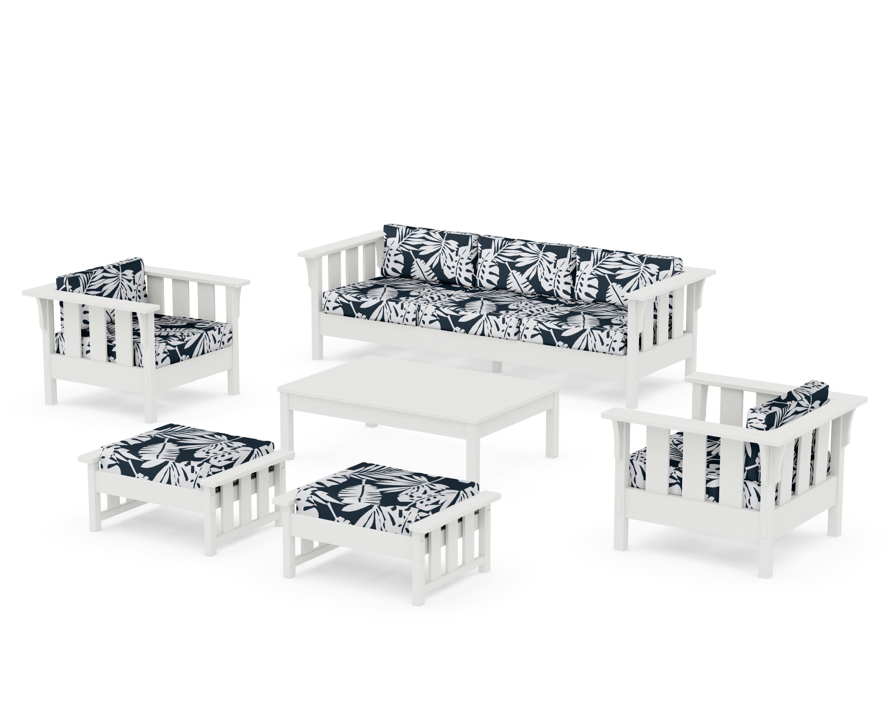 Acadia 6-Piece Lounge Sofa Set in Vintage White / Leaf Marine Indigo