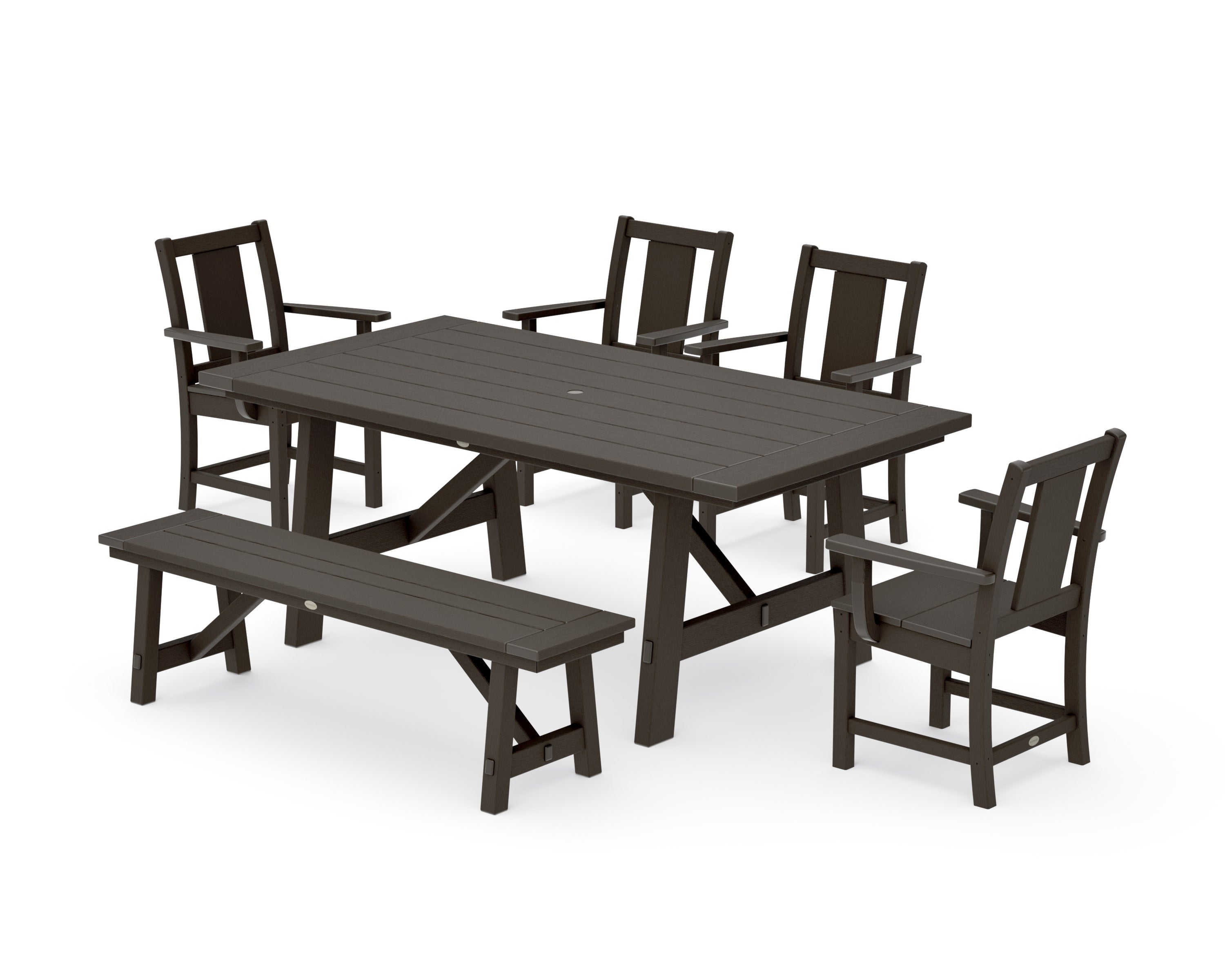 Prairie 6-Piece Rustic Farmhouse Dining Set with Bench in Vintage Coffee