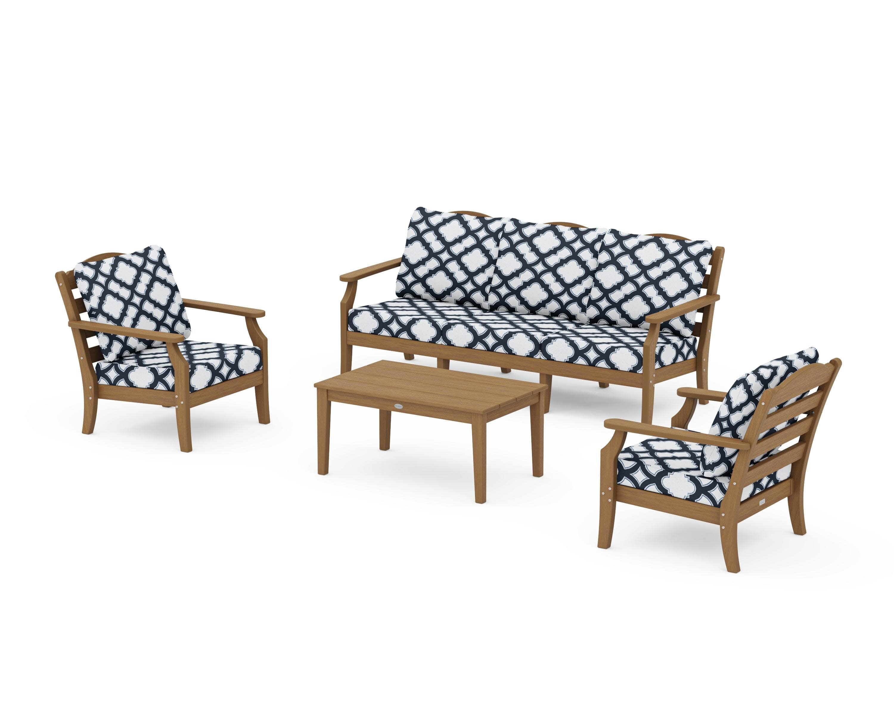 Savannah 4-Piece Deep Seating Set with Sofa in Natural / Trellis Marine Indigo
