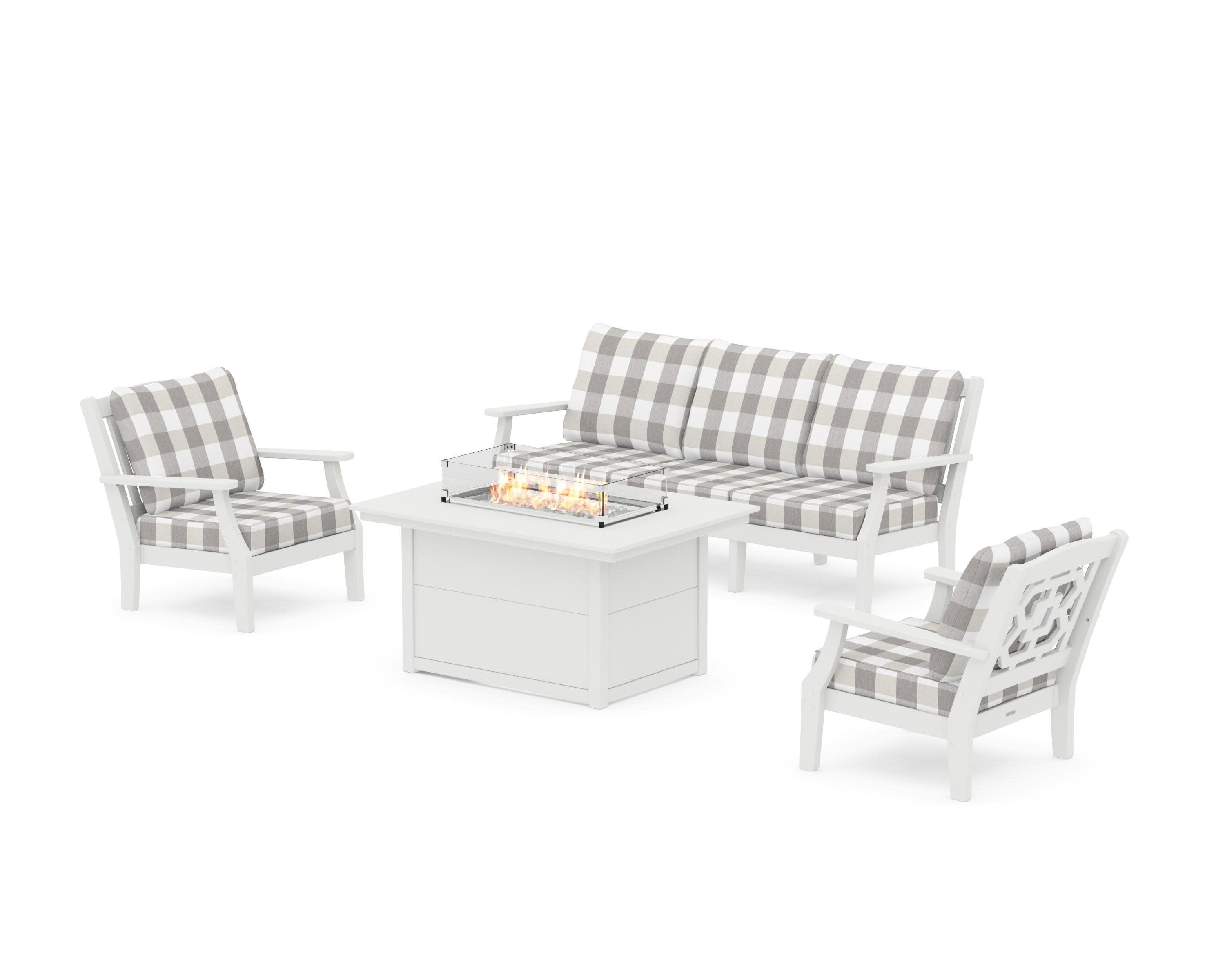 Chinoiserie Deep Seating Fire Pit Table Set in Vintage White / Buffalo Plaid Grey Mist